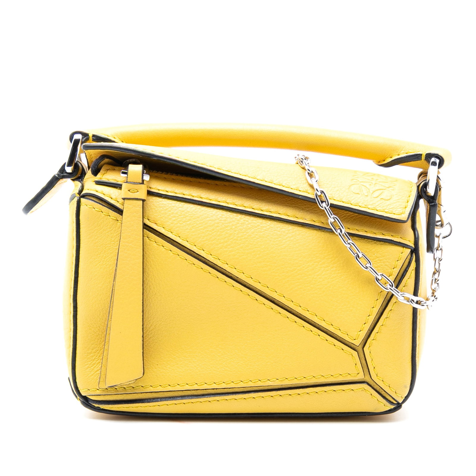 Loewe Puzzle Nano Yellow Leather Mini Satchel with Top Handle and Strap: Loewe Puzzle Nano Yellow Leather Mini Satchel with Top Handle and Strap This LOEWE Nano Puzzle Satchel features a leather body in yellow, a rolled leather top handle, a detachable strap, and a top zip