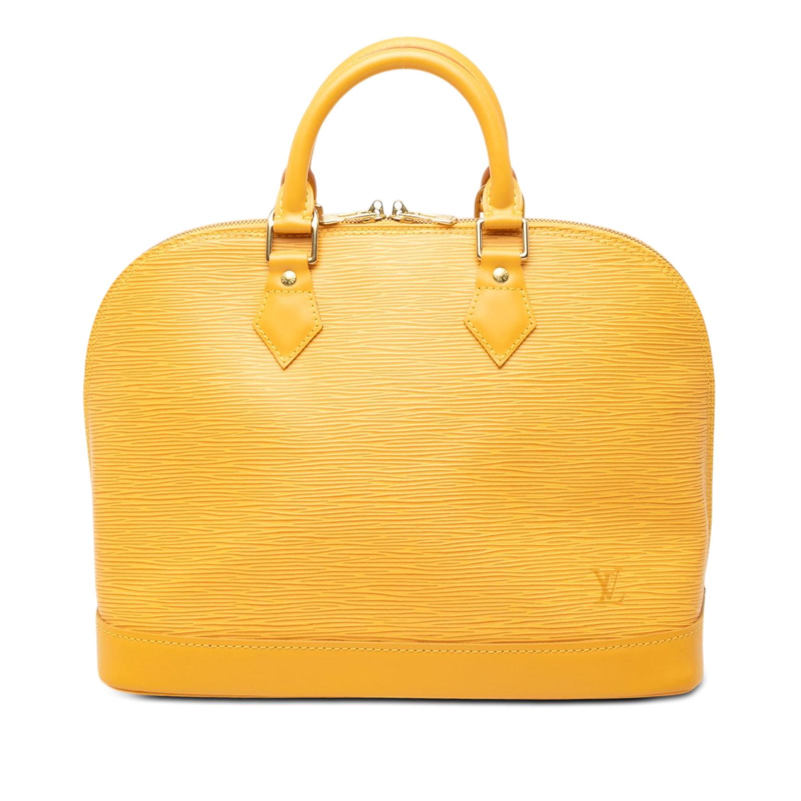 Louis Vuitton Alma PM Yellow Epi Leather Handbag: Louis Vuitton Alma PM Yellow Epi Leather Handbag Louis Vuitton Epi Alma PM handbag in yellow epi leather with rolled leather handles, a top zip closure, and an interior slip pocket. Made in France. Co