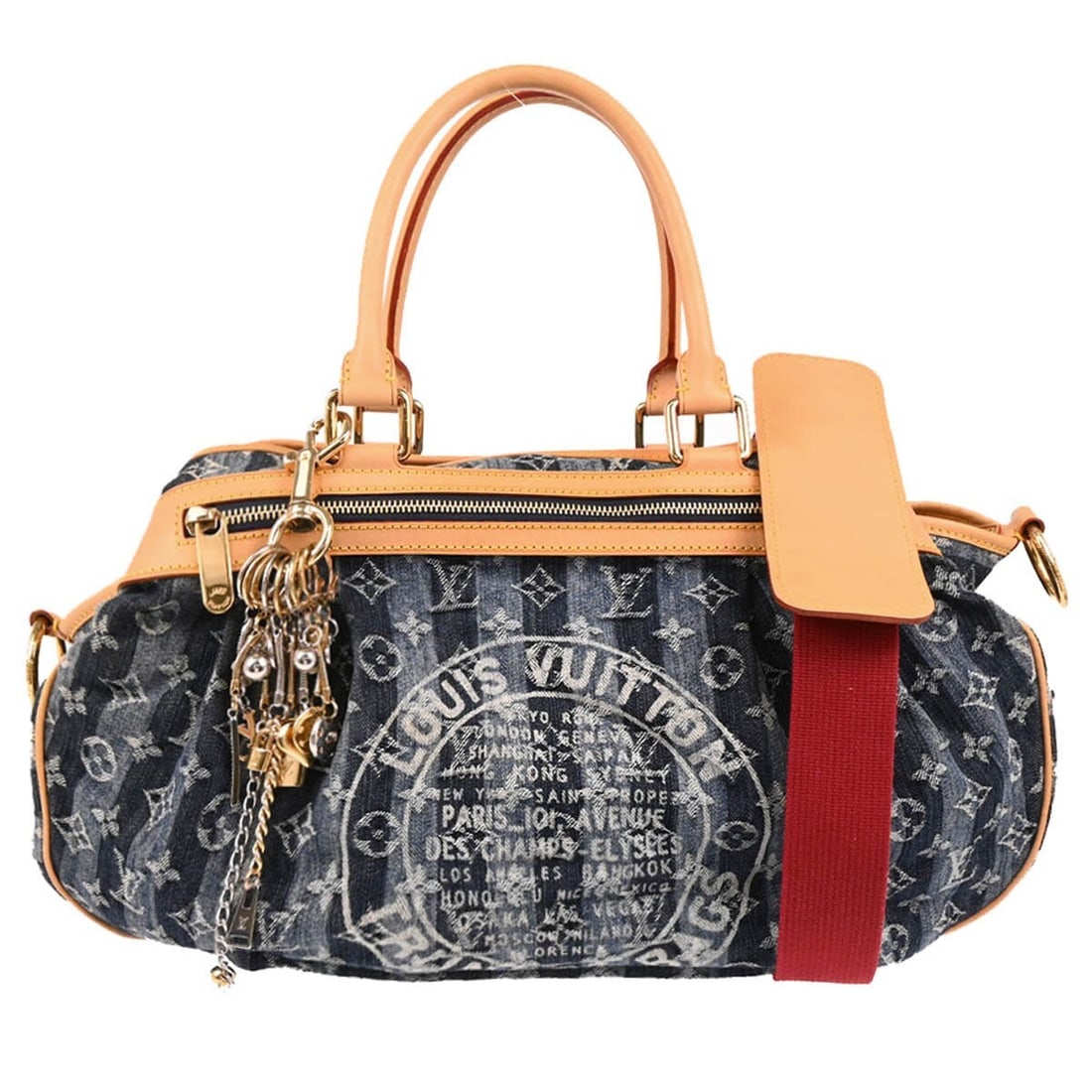 Louis Vuitton Cabas Raye GM Blue Monogram Denim Tote with Strap Charm: Louis Vuitton Cabas Raye GM Blue Monogram Denim Tote with Strap Charm Vintage Louis Vuitton Cabas Raye GM 2-way tote in blue Monogram denim with leather trim and a zip closure. This large women's bag 