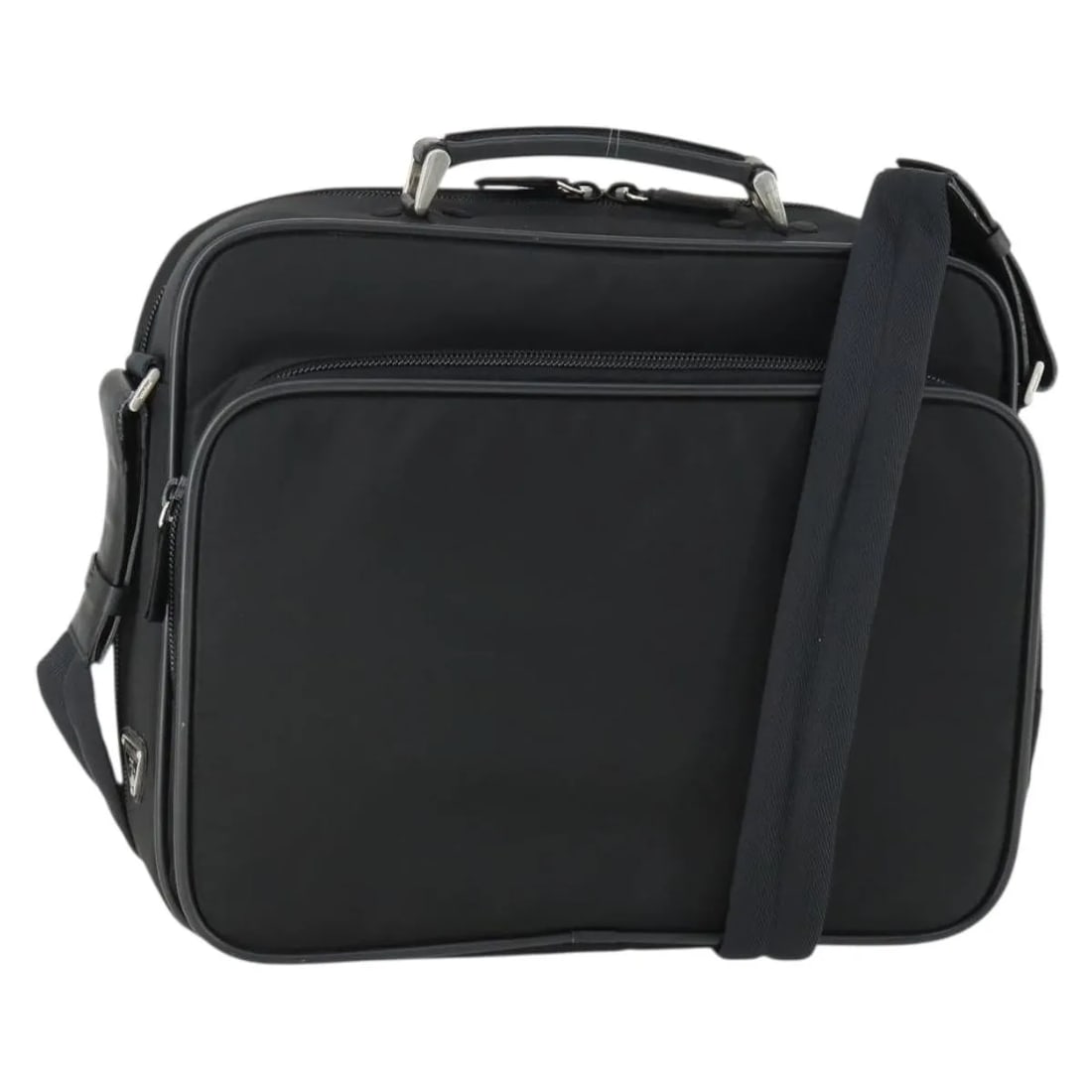 Prada Tessuto Nylon Briefcase with Saffiano Leather Accents Black: Prada Tessuto Nylon Briefcase with Saffiano Leather Accents Black This Prada Convertible Front Pocket Briefcase features a black nylon exterior with Saffiano leather accents. Designed for unisex use, 