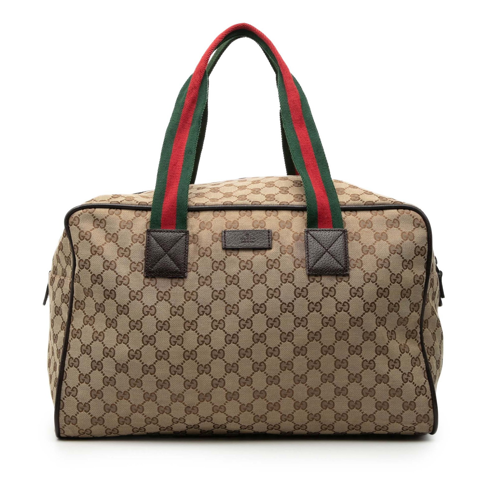 Gucci beige canvas travel duffle with leather trim GG Web: Gucci beige canvas travel duffle with leather trim GG Web This Gucci GG Canvas Web Duffle Bag is crafted from a durable canvas body with leather trim, featuring flat straps, a top zip closure, and an 