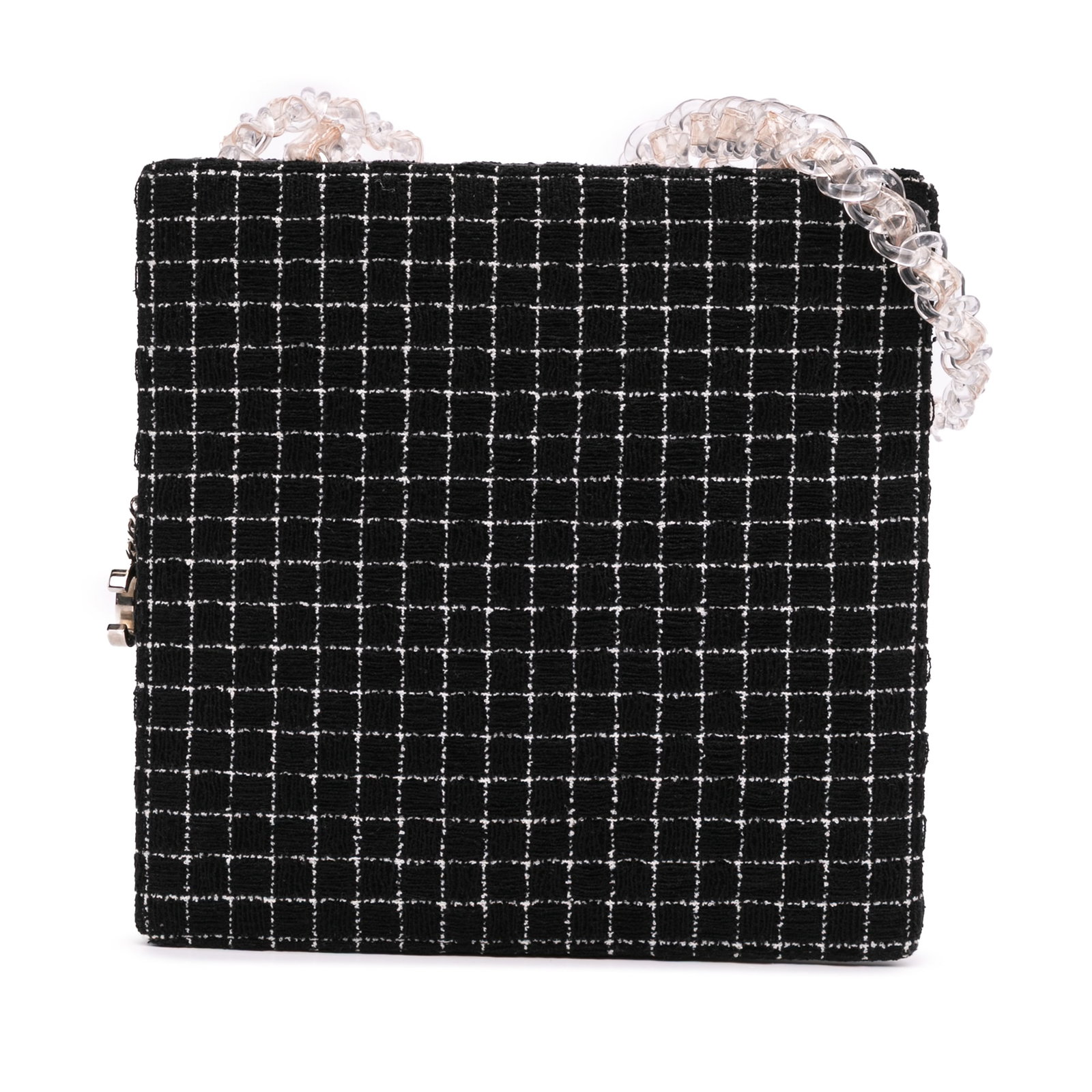 Chanel Black Tweed and Resin Chain Shopping Bag: Chanel Black Tweed and Resin Chain Shopping Bag This stylish Chanel Tweed and Resin Shopping Bag is designed for the fashionable individual. The bag features a durable tweed body complemented by sturd