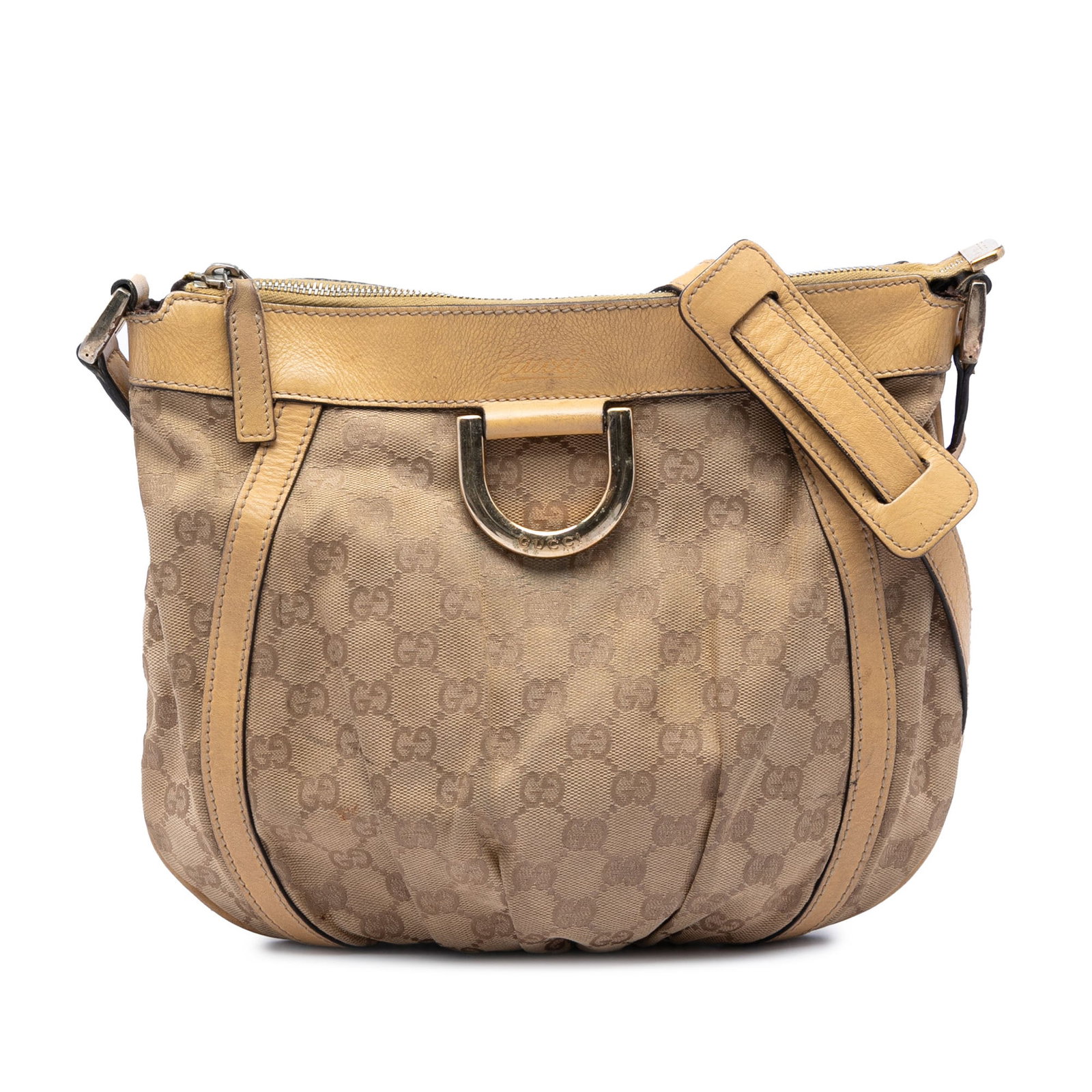 Gucci Abbey D Ring Beige GG Canvas Crossbody Bag: Gucci Abbey D Ring Beige GG Canvas Crossbody Bag Gucci GG Canvas Abbey D Ring Crossbody bag with a canvas body, leather trim, and an adjustable flat leather shoulder strap. The design includes a top z