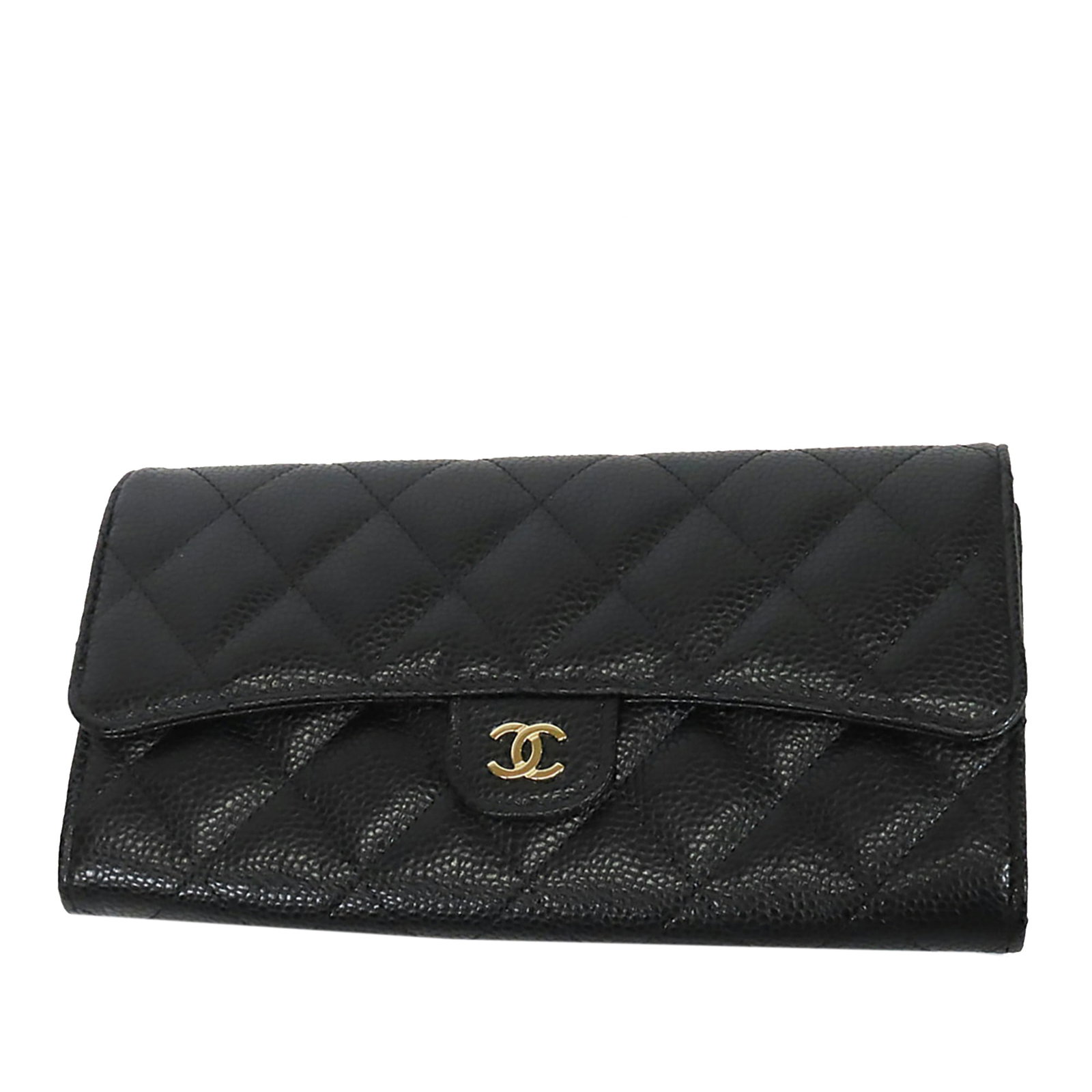 Chanel Classic Caviar Leather Flap Wallet Black: Chanel Classic Caviar Leather Flap Wallet Black Chanel Classic Caviar Flap Wallet in black caviar leather, made in France. It features a front flap with magnetic snap closure, an exterior back slip po