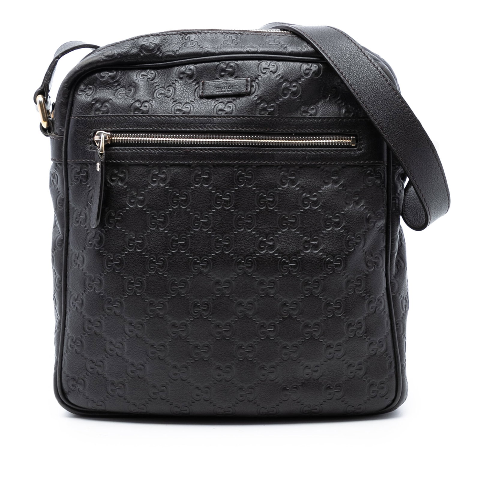 Gucci Guccissima Brown Embossed Leather Crossbody Bag with Adjustable Strap: Gucci Guccissima Brown Embossed Leather Crossbody Bag with Adjustable Strap This crossbody bag features an embossed leather body in brown, an adjustable flat leather strap, a top zip closure, and an e
