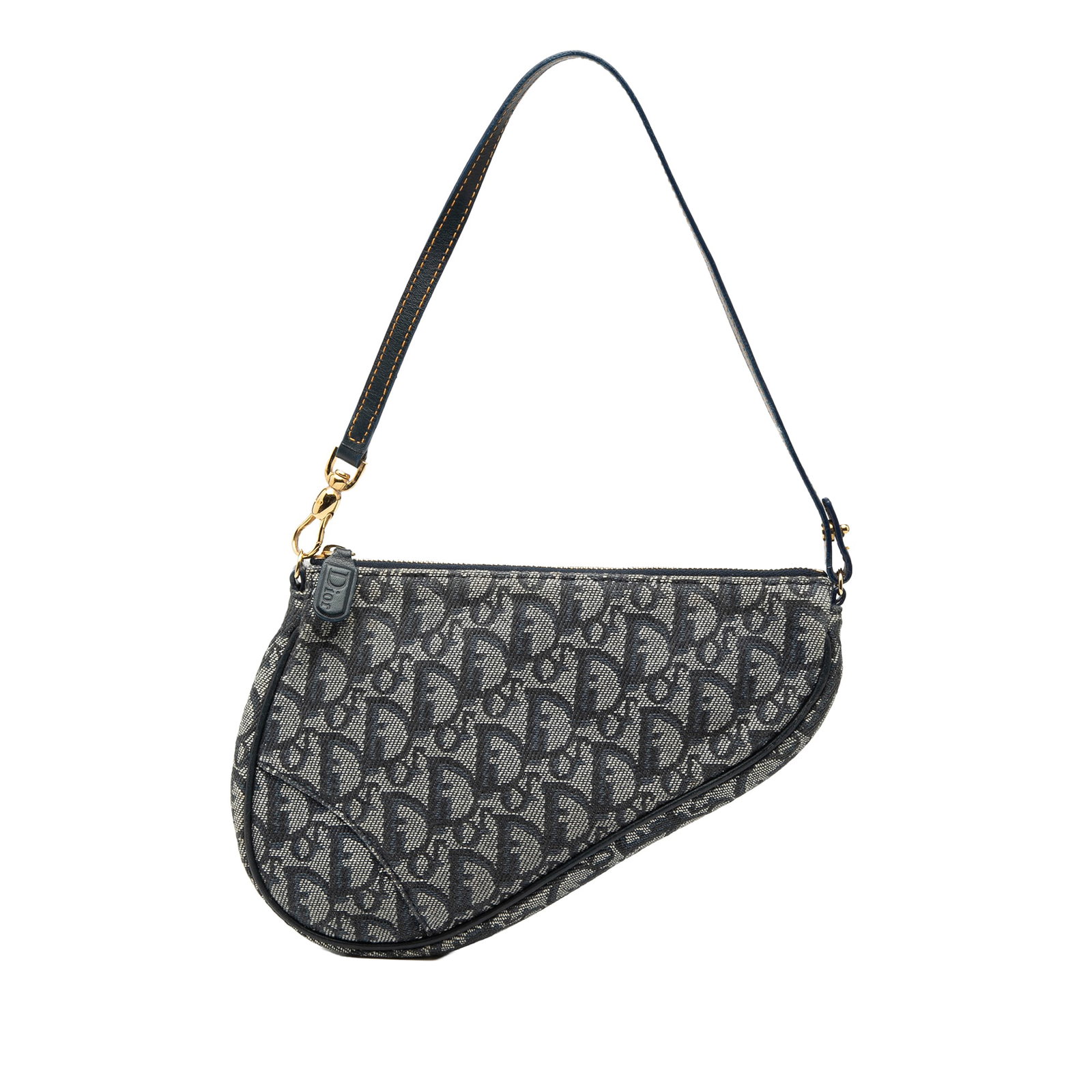 Dior Mini Saddle Pochette Blue Canvas Bag with Leather Strap: Dior Mini Saddle Pochette Blue Canvas Bag with Leather Strap This Dior Mini Diorissimo Canvas Saddle Pochette features a blue canvas body, a flat leather strap, and a top zip closure. The bag is desig