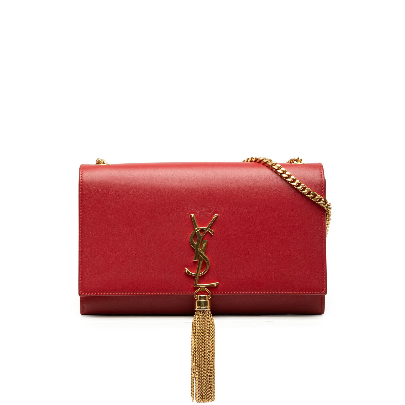 Saint Laurent Kate Medium Calfskin Tassel Chain Crossbody Bag: Saint Laurent Kate Medium Calfskin Tassel Chain Crossbody Bag Saint Laurent Medium Smooth Calfskin Classic Monogram Kate Tassel Crossbody in red leather. This crossbody bag features a tassel detail, c