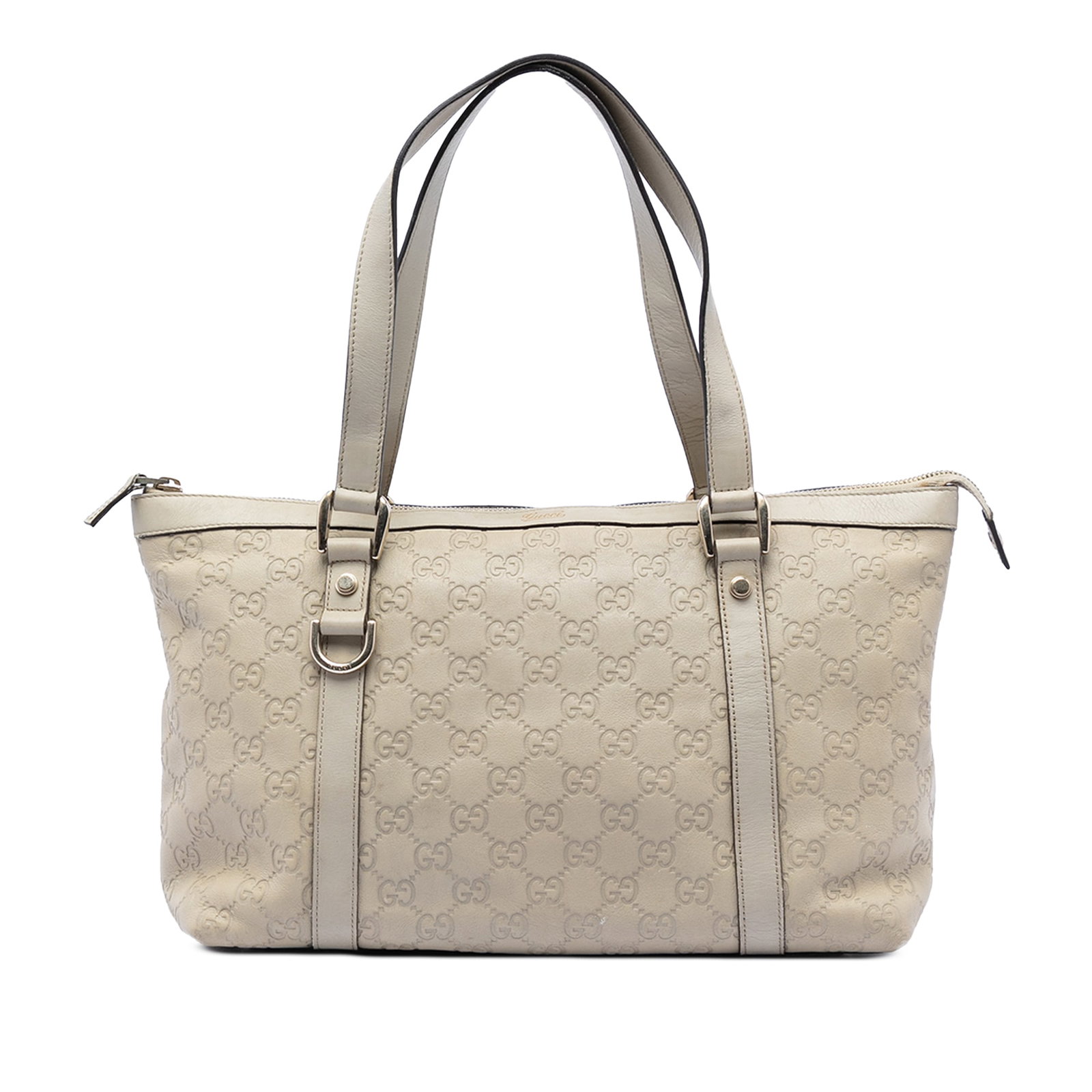 Gucci Abbey D Ring Guccissima Leather Tote Bag White: Gucci Abbey D Ring Guccissima Leather Tote Bag White Gucci Guccissima Abbey D Ring Tote in white embossed leather with flat leather handles, a top zip closure, and an interior with zip and slip pocket