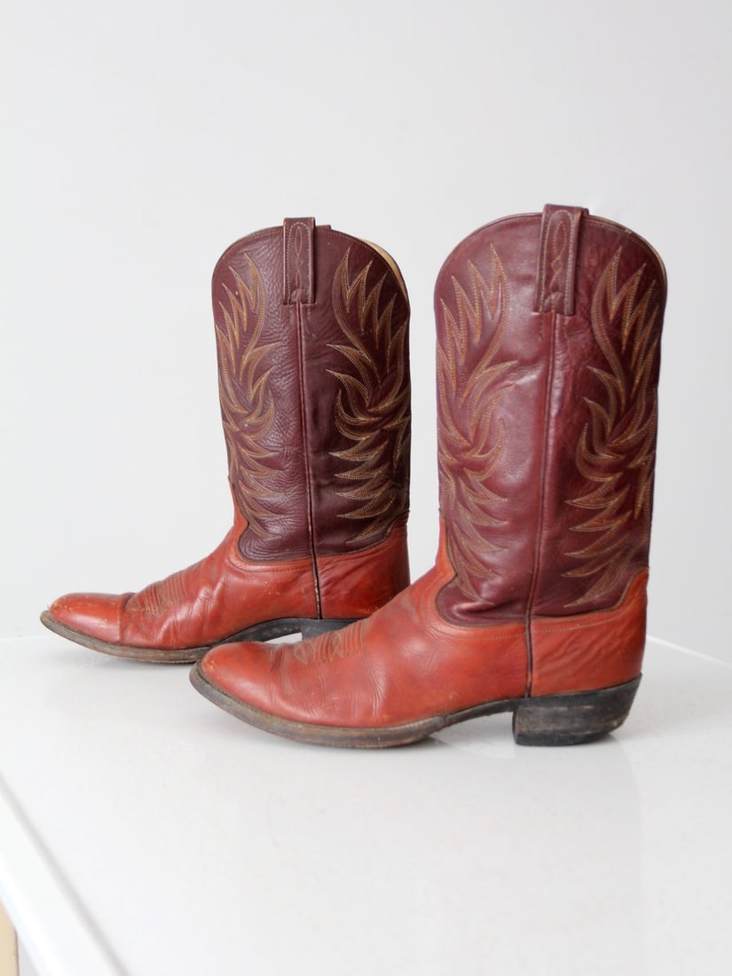 Two Tone Leather Dan Post Western Boots Size 10.5 D with Flame Stitching (1 of 7)