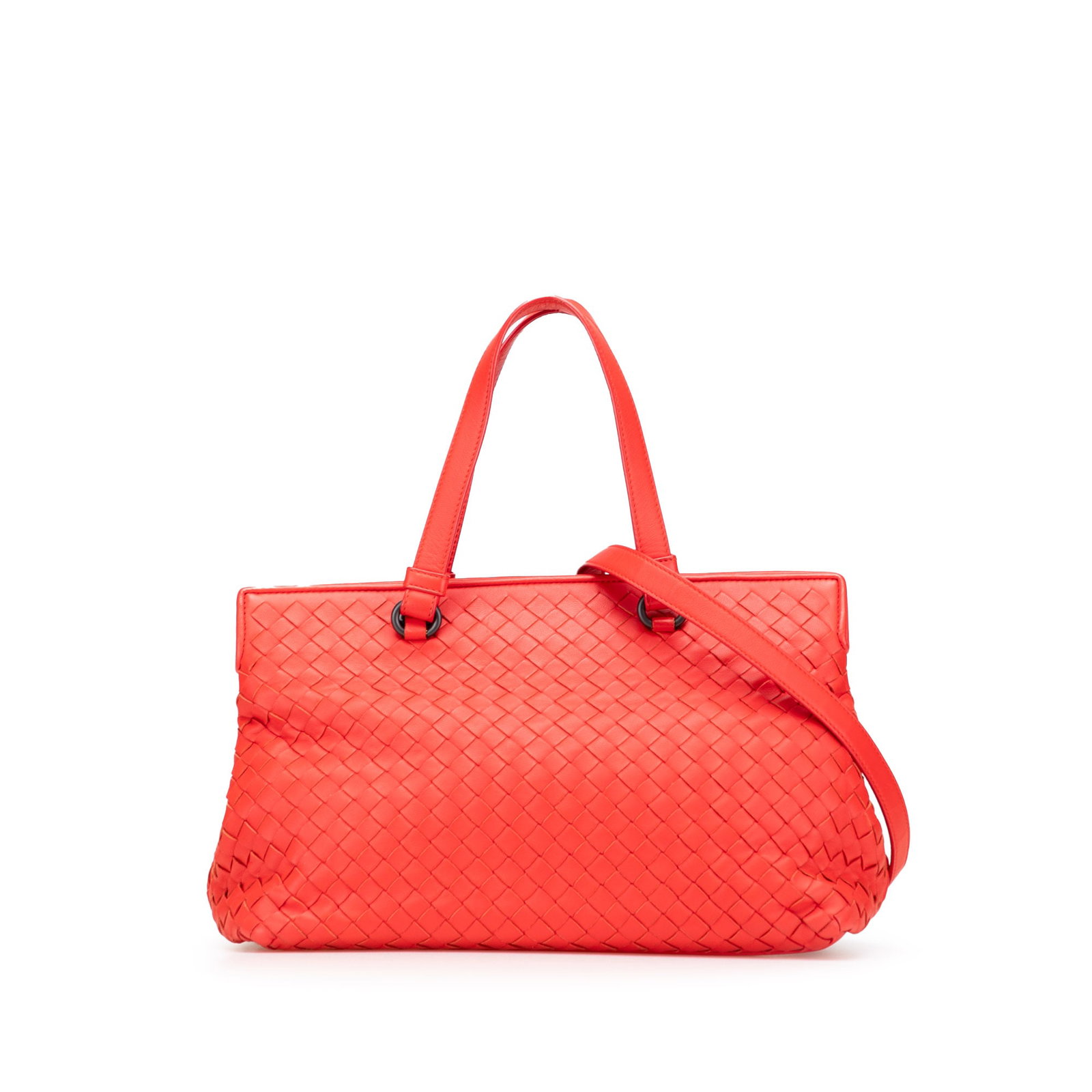 Bottega Veneta Red Nappa Intrecciato Satchel with Detachable Strap: Bottega Veneta Red Nappa Intrecciato Satchel with Detachable Strap This exquisite Bottega Veneta Nappa Intrecciato Satchel showcases a sophisticated woven nappa leather design in a striking red hue. T