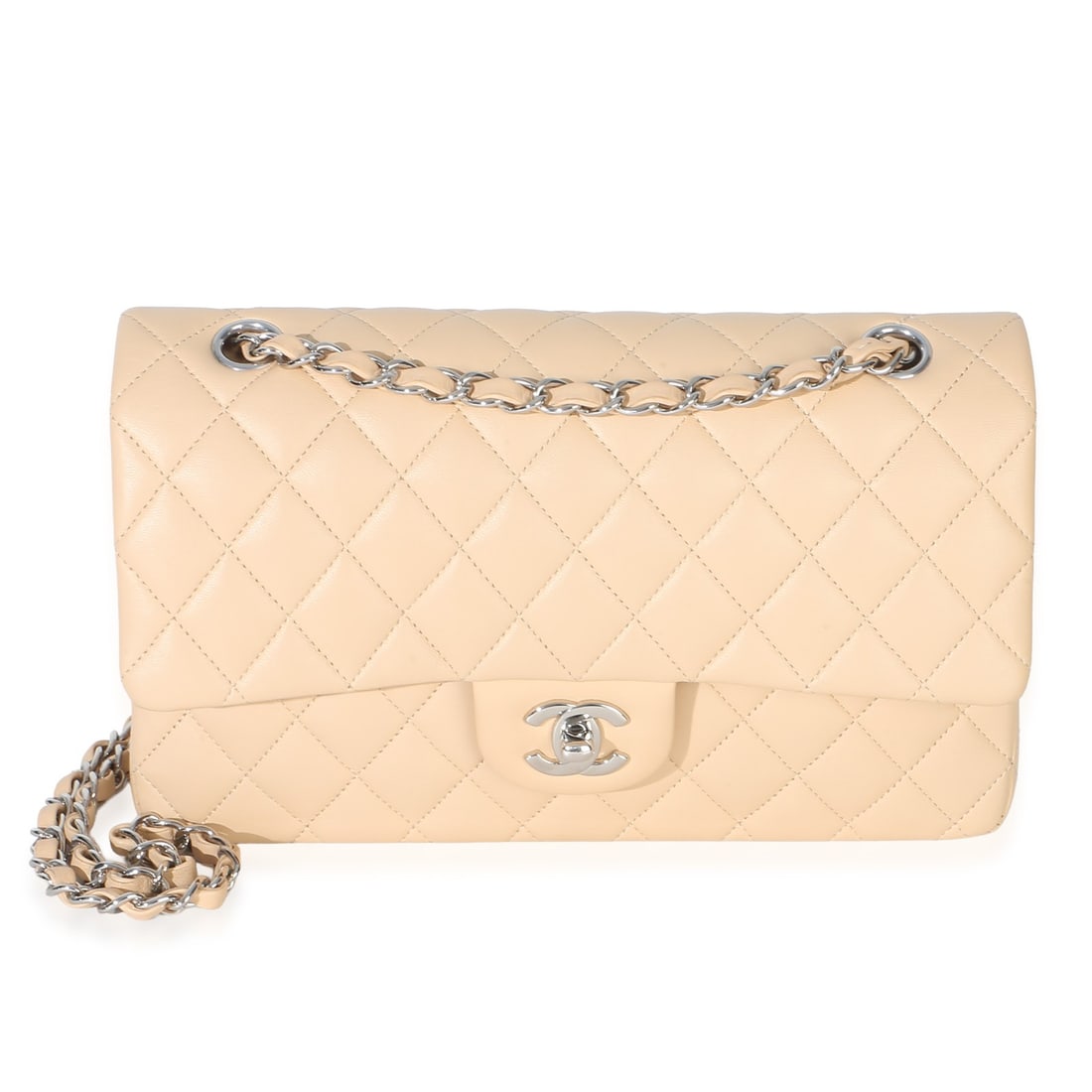 Chanel Beige Quilted Lambskin Flap Shoulder Bag Silver Tone: Chanel Beige Quilted Lambskin Flap Shoulder Bag Silver Tone This Chanel Classic Double Flap Bag features luxurious beige quilted lambskin leather with a silver-tone turnlock closure. Designed as a sho