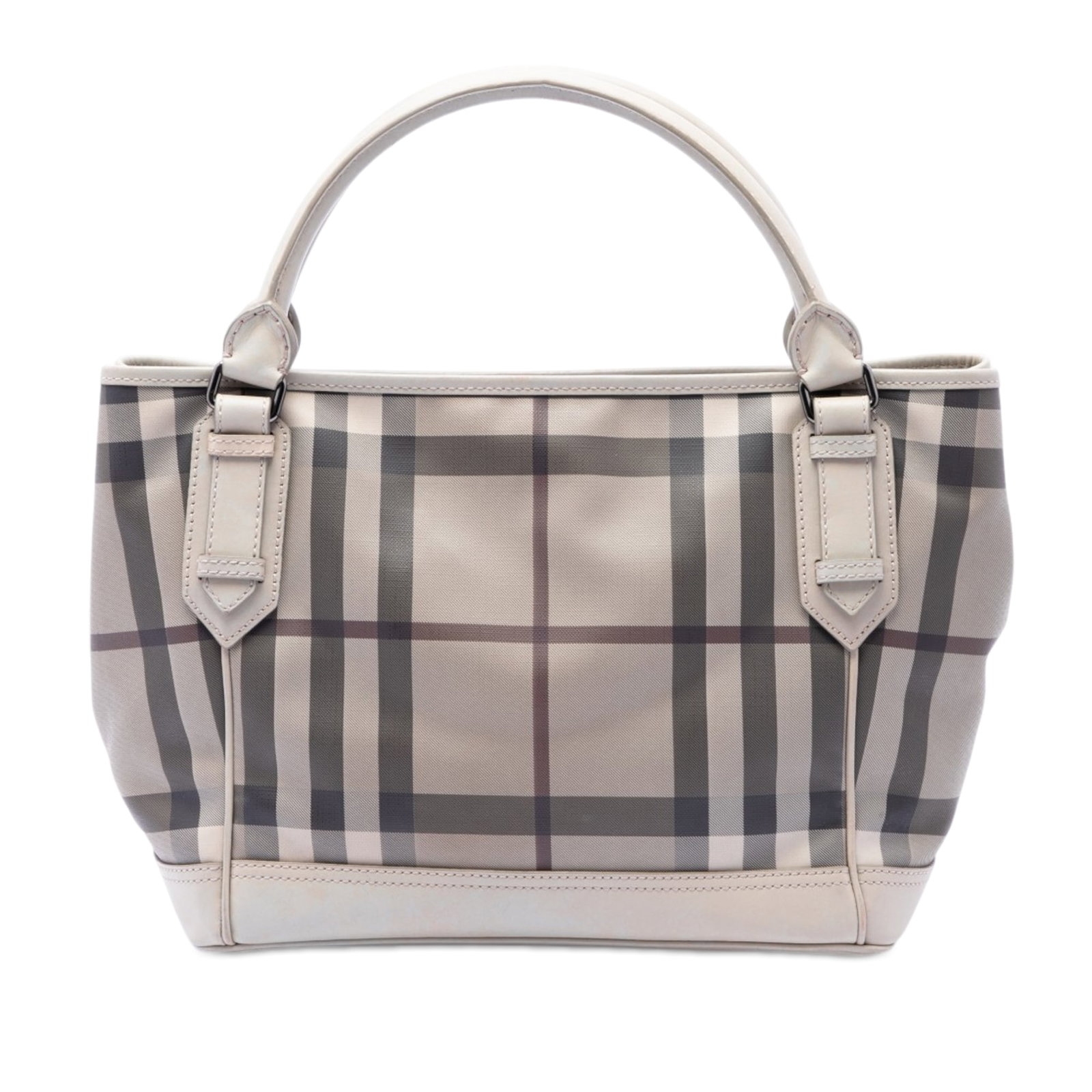 Burberry Smoke Check Tote Coated Canvas with Leather Trim: Burberry Smoke Check Tote Coated Canvas with Leather Trim A Burberry Smoke Check Coated Canvas Tote in beige, featuring a coated canvas body with leather trim, rolled leather handles, a top zip closur