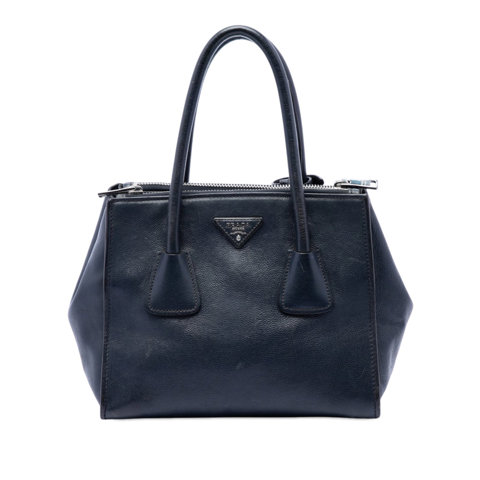 Prada Twin Pocket Double Handle Satchel in Blue Glace Calf Leather: Prada Twin Pocket Double Handle Satchel in Blue Glace Calf Leather Prada Glace Calf Twin Pocket Double Handle Satchel in blue leather, made in Italy. This bag features a leather body, rolled leather h