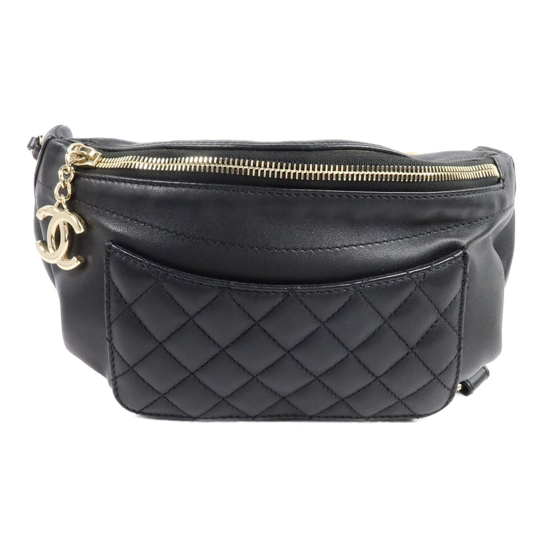 CHANEL A57832 lambskin belt bag with chain black CC GHW: CHANEL A57832 lambskin belt bag with chain black CC GHW A black CHANEL CC chain belt bag/waist bag crafted in lambskin leather. It features a fastener closure, one outside open pocket, one inside zip 