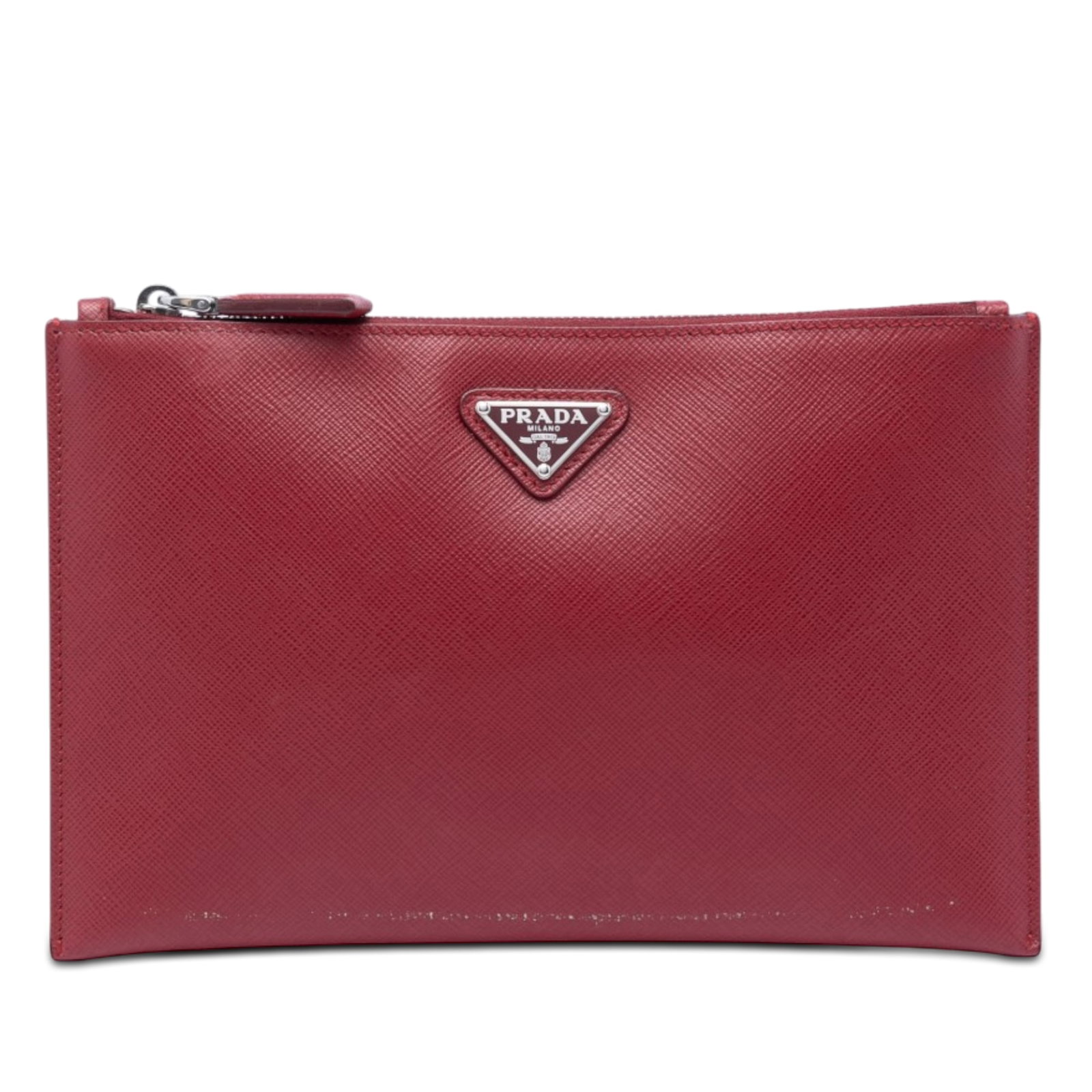 Prada Saffiano Leather Zip Clutch Bag Red: Prada Saffiano Leather Zip Clutch Bag Red Prada Saffiano clutch bag in red leather, made in Italy. It features a top zip closure and interior slip pockets. Condition is B+, with noted wear to the exte