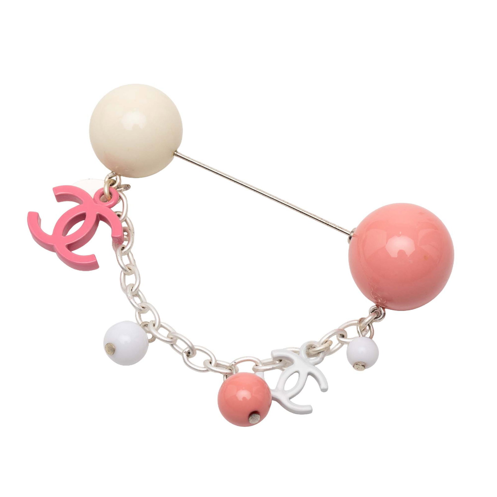 Chanel Resin CC Charm Silver Tone Brooch Pin: Chanel Resin CC Charm Silver Tone Brooch Pin This Chanel brooch features a silver-tone metal body with a resin CC charm and a secure pin closure. Made in France, this costume accessory showcases the i