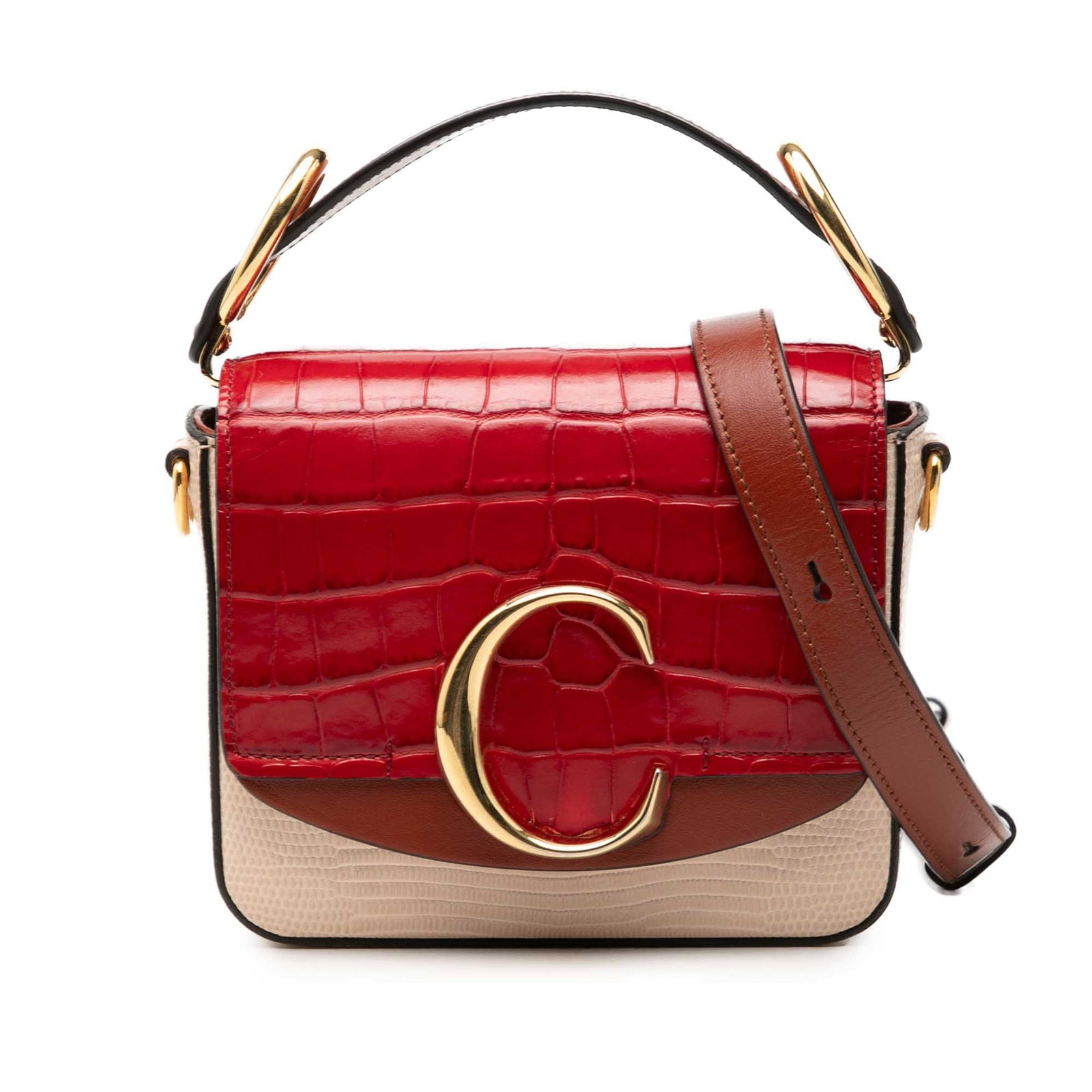 Chloe Mini C Satchel Red Croc Embossed Calfskin Leather: Chloe Mini C Satchel Red Croc Embossed Calfskin Leather Mini bicolor croc embossed calfskin C satchel bag in red leather, made in Italy. It features an embossed leather body, flat leather handle, a de