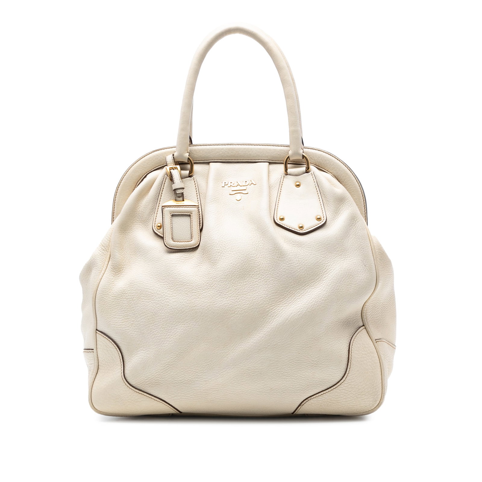 Prada Vitello Daino White Leather Frame Tote: Prada Vitello Daino White Leather Frame Tote The Prada Vitello Daino Frame Tote is an elegant and stylish bag crafted from high-quality leather. This tote features a spacious open top secured with mag