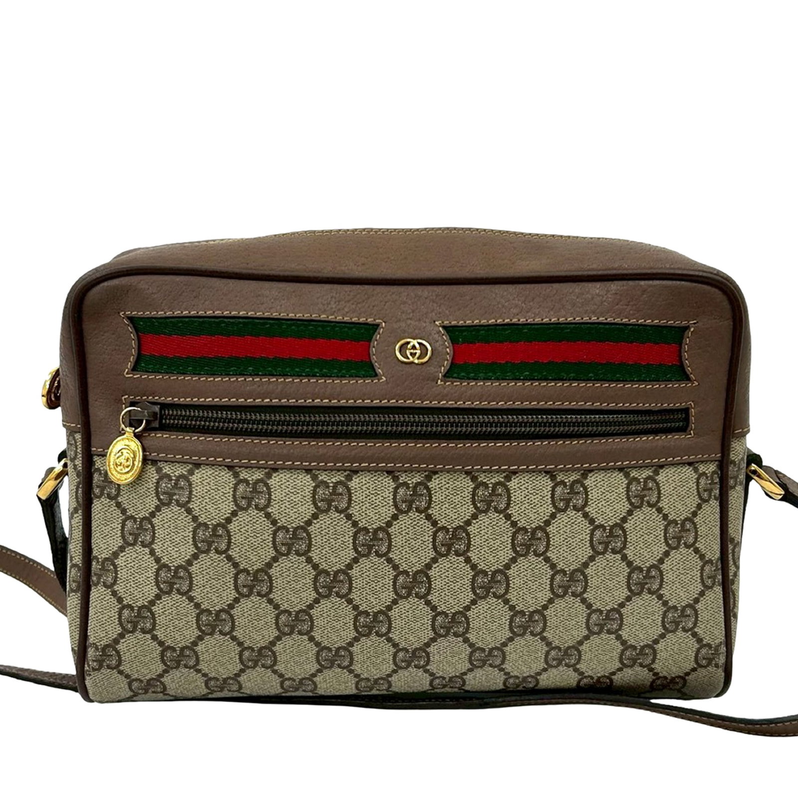 GG Supreme Web Beige Canvas Crossbody Bag with Leather Trim by Gucci: GG Supreme Web Beige Canvas Crossbody Bag with Leather Trim by Gucci This Gucci GG Supreme Web Crossbody bag features a coated canvas body with leather trim, a flat leather strap, a top zip closure, a