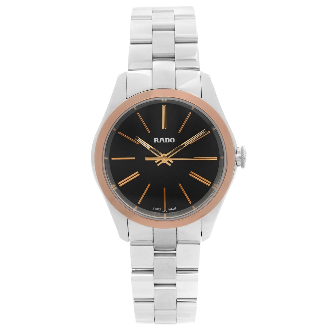 Rado Hyperchrome Quartz 31mm Ladies Watch R32976163 Black Dial Rose Gold Bezel: Rado Hyperchrome Quartz 31mm Ladies Watch R32976163 Black Dial Rose Gold Bezel Discover the elegance of the Rado Hyperchrome Quartz Ladies Watch. This exquisite timepiece features a polished stainless