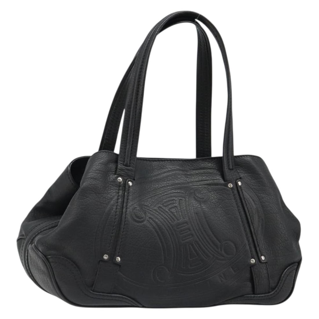 CELINE Triomphe black leather handbag silver tone Italy: CELINE Triomphe black leather handbag silver tone Italy Black leather CELINE Triomphe hand bag in a black and silver color combination. Made in Italy, this item is offered in B condition with reasonab
