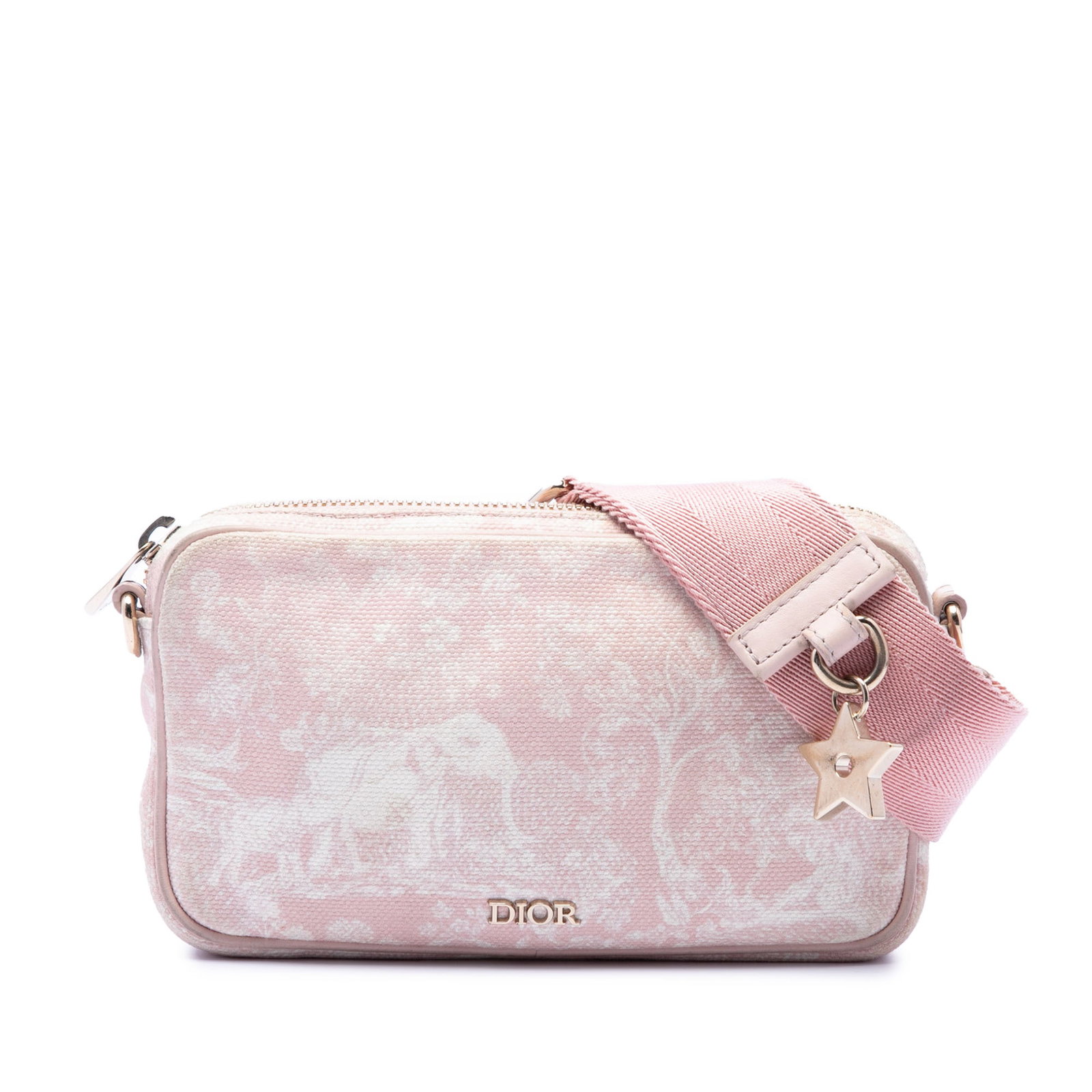Dior Toile de Jouy embroidered canvas crossbody bag with zip pouch: Dior Toile de Jouy embroidered canvas crossbody bag with zip pouch Dior Toile de Jouy crossbody bag in pink embroidered canvas. This bag features a detachable and adjustable flat canvas strap, a top z