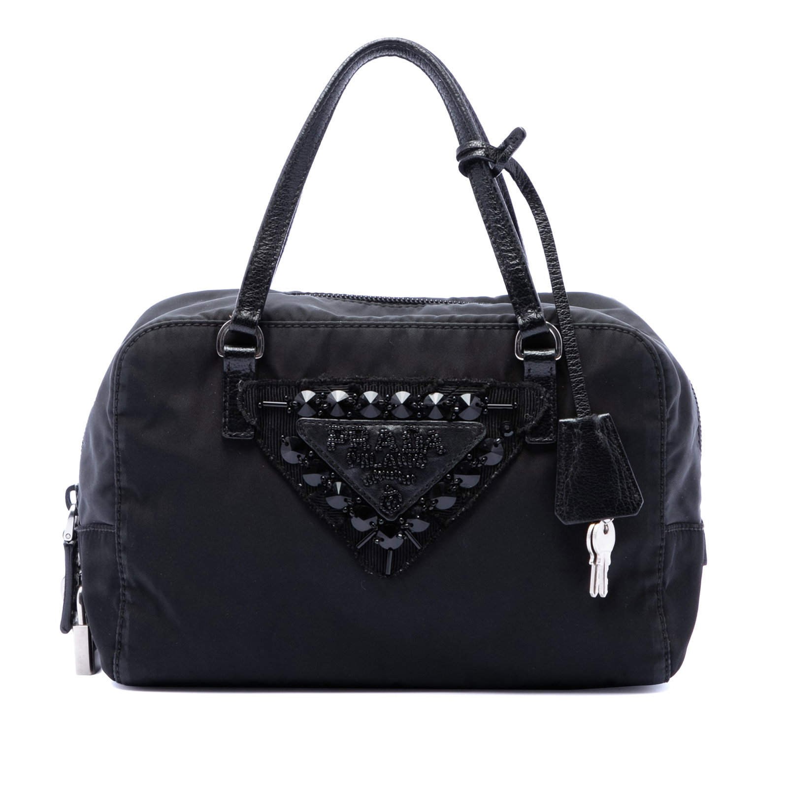 Prada Tessuto Beaded Nylon Top Zip Bag: Prada Tessuto Beaded Nylon Top Zip Bag This Prada Tessuto Beaded Handbag features a black nylon body adorned with beaded and crystal embellishments. It is designed with flat leather handles, a top zip