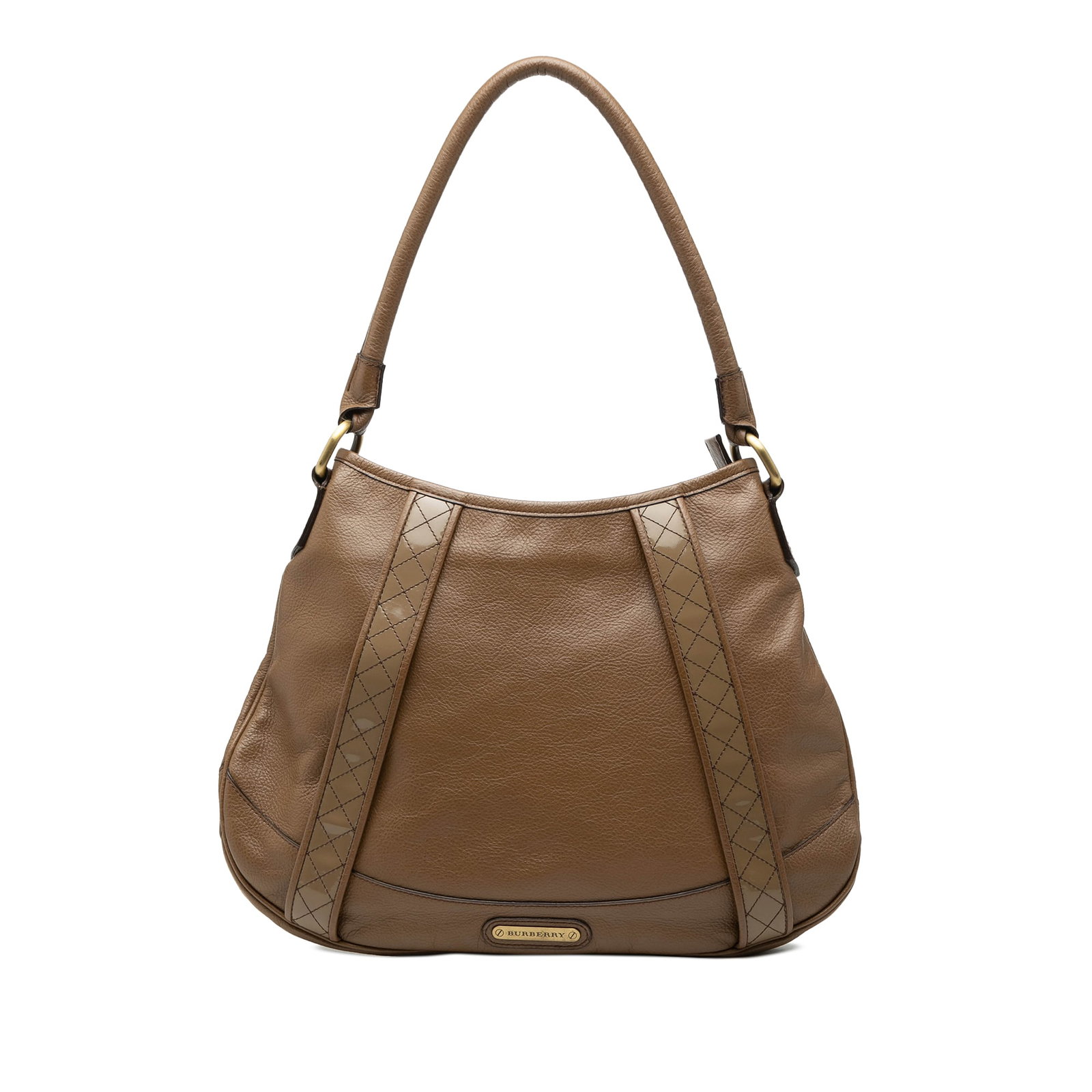 Burberry brown leather zip top shoulder bag: Burberry brown leather zip top shoulder bag This Burberry shoulder bag is crafted from brown leather and features a rolled leather strap, a top zip closure, and both interior zip and slip pockets for 