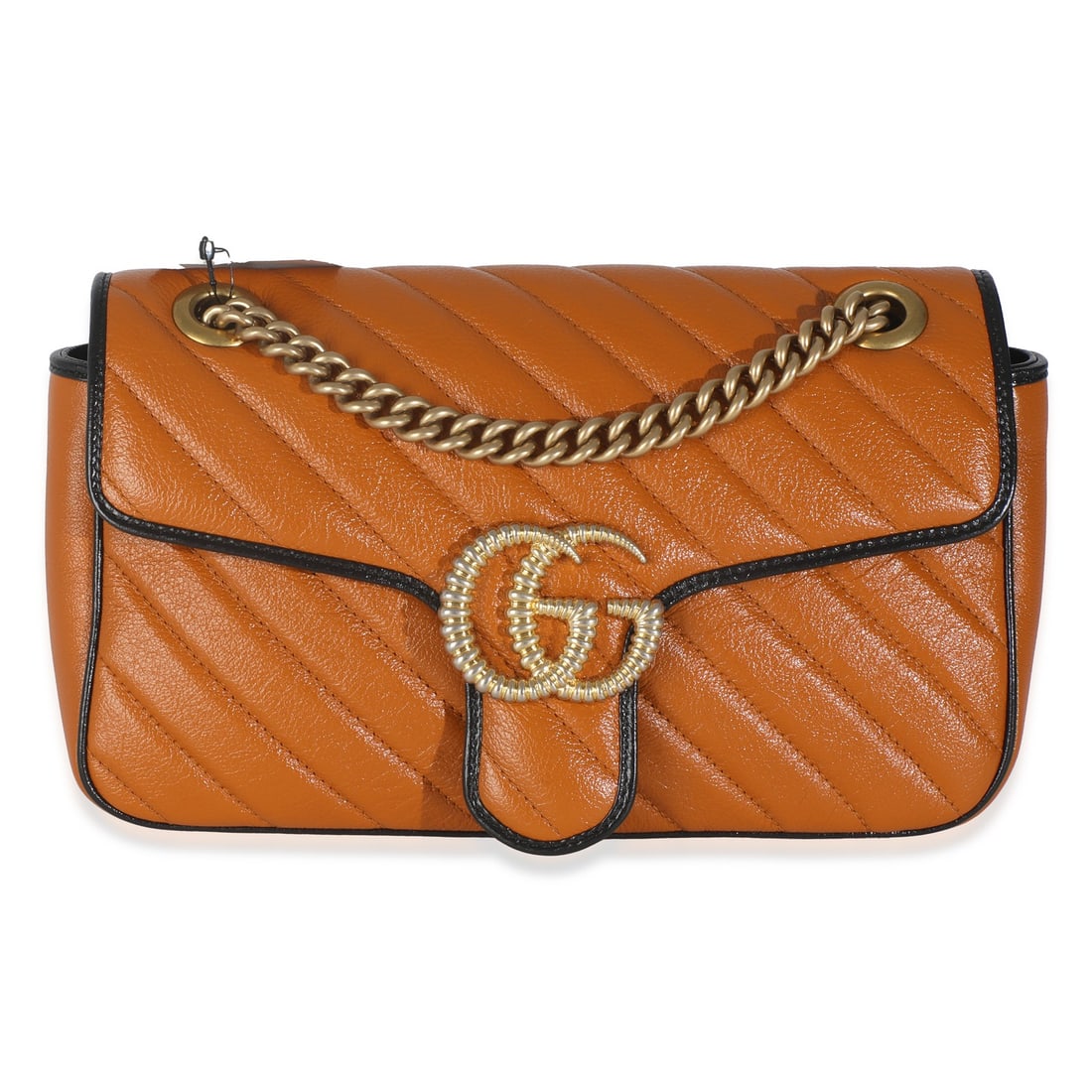 Gucci Small Torchon GG Marmont Shoulder Bag Brown Calfskin Matelasse: Gucci Small Torchon GG Marmont Shoulder Bag Brown Calfskin Matelasse A pre-owned Gucci shoulder bag crafted in brown cognac calfskin leather with a matelasse diagonal design. It features a push-lock c