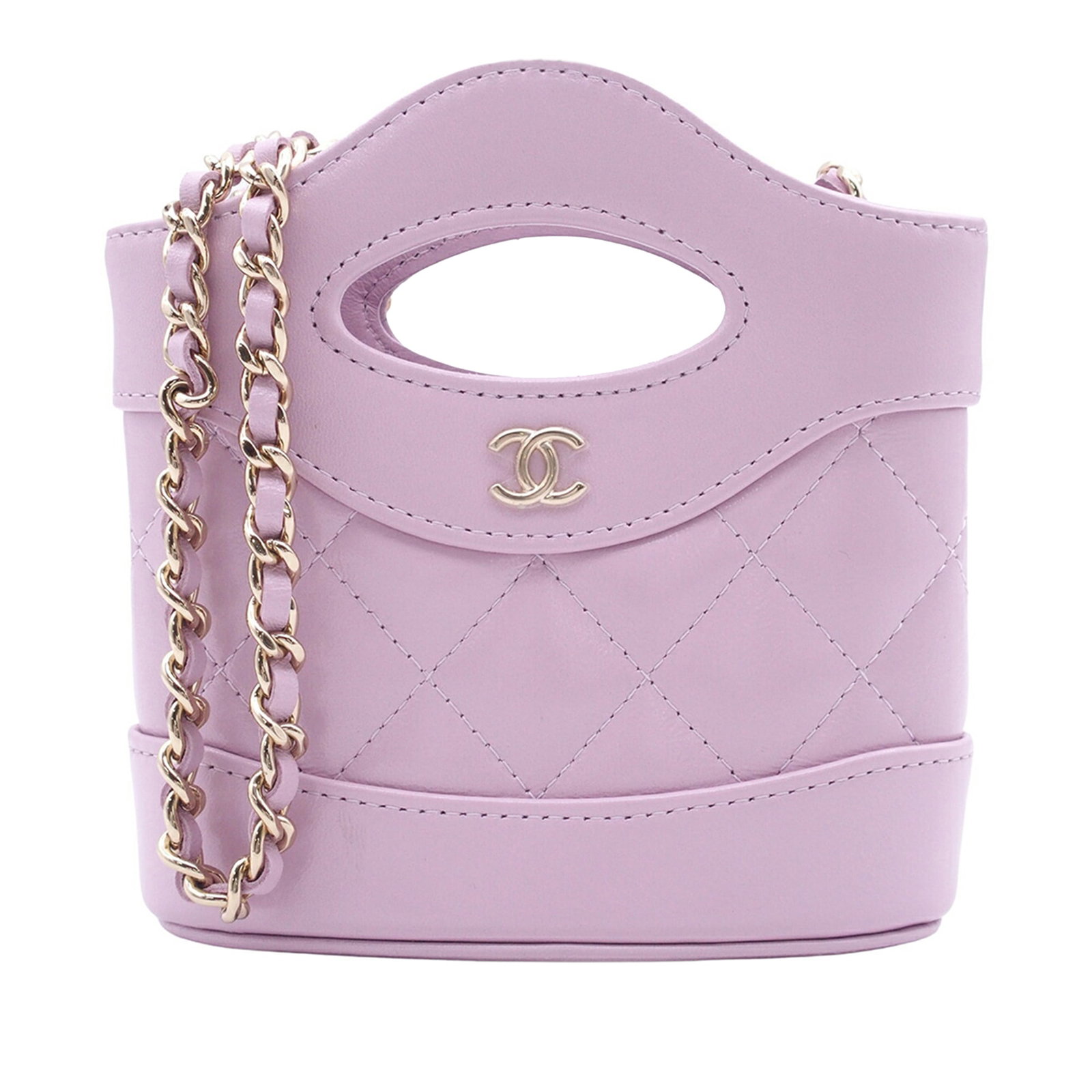 Chanel 31 Micro Clutch with Chain Shiny Lambskin Purple: Chanel 31 Micro Clutch with Chain Shiny Lambskin Purple This Chanel Micro Shiny Lambskin 31 Clutch with Chain is a compact bag featuring a quilted lambskin body, cut-out handles, a leather-woven chain