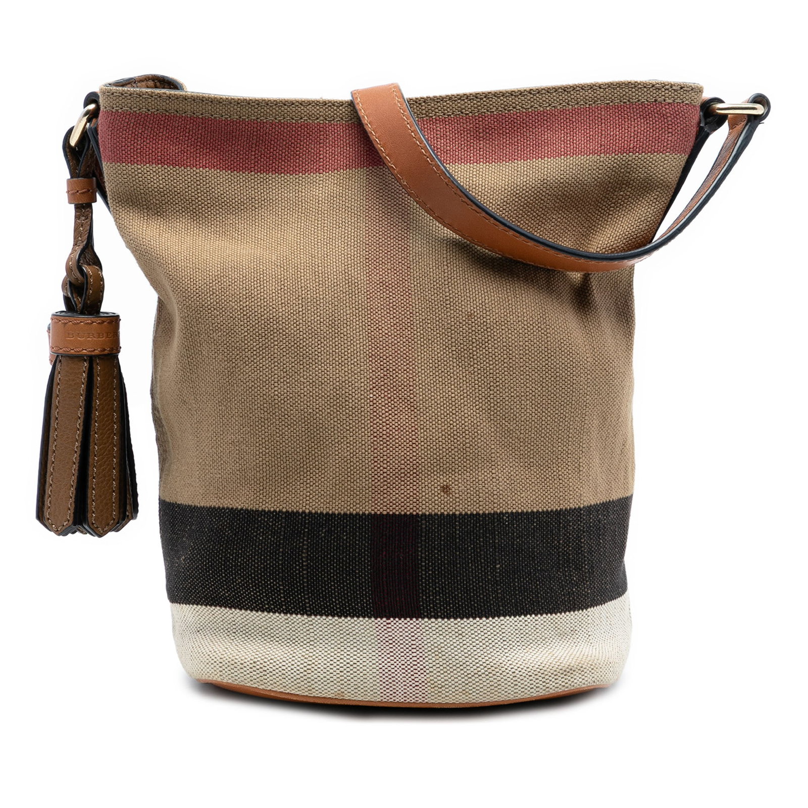 Mini Ashby Bucket Bag with Mega Check Canvas and Tassel by Burberry: Mini Ashby Bucket Bag with Mega Check Canvas and Tassel by Burberry This Burberry Mini Ashby bag features the brand's signature Mega Check canvas with leather trim and tassel details. It is designed w
