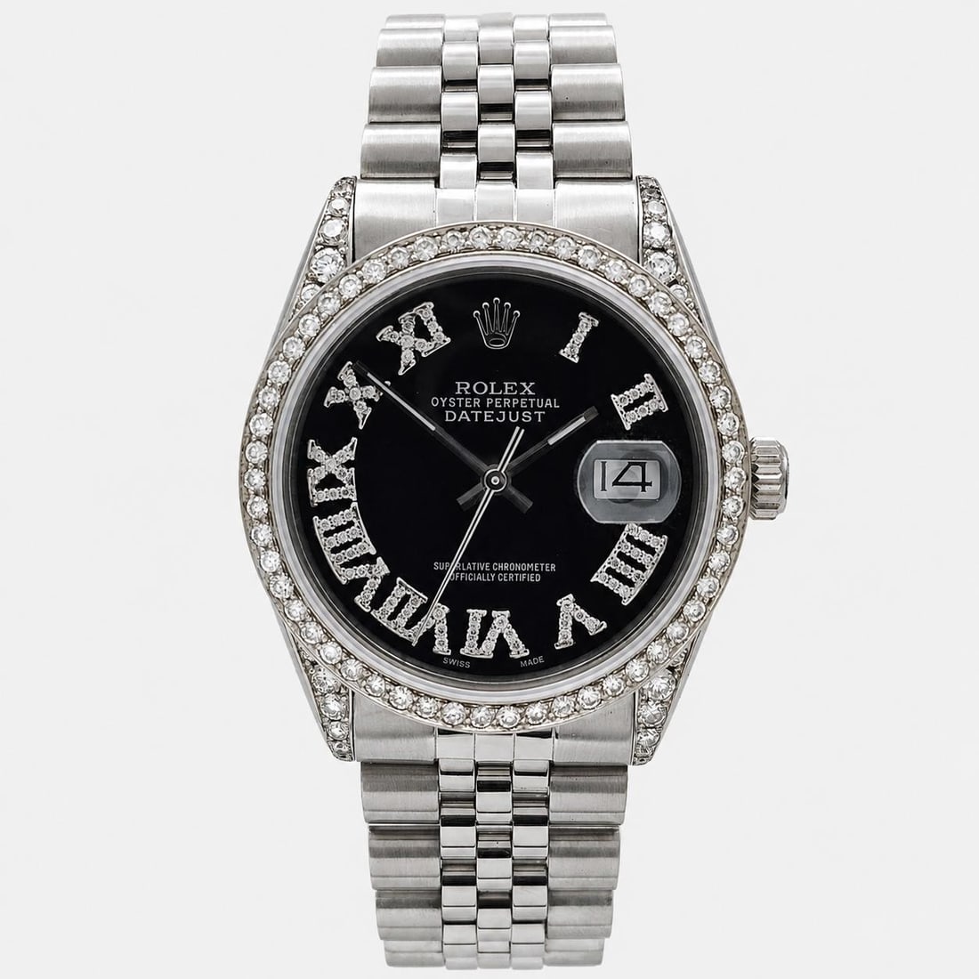 Rolex Datejust 16014 Steel Automatic Watch Black Dial Diamond Bezel: Rolex Datejust 16014 Steel Automatic Watch Black Dial Diamond Bezel This Rolex Datejust Ref. 16014 is a vintage automatic wristwatch from 1979, featuring a custom black dial with diamond Roman numeral
