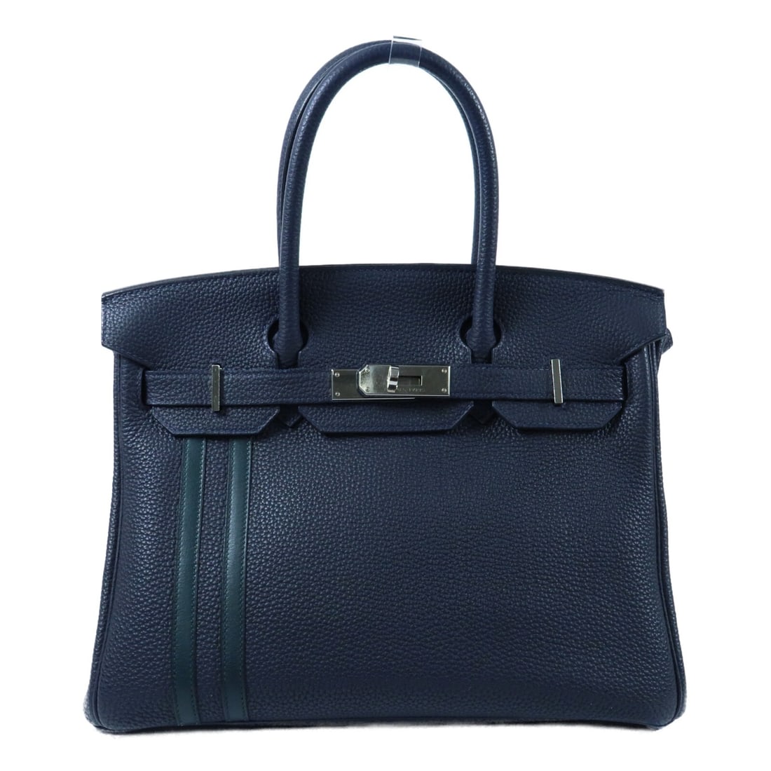 Hermes Birkin 30 Blue Zellige Togo Leather Handbag PHW: Hermes Birkin 30 Blue Zellige Togo Leather Handbag PHW A Birkin 30 handbag in Togo leather and calfskin (cowhide) with a blue zellige colorway. It features a turn lock closure, one open interior pocke