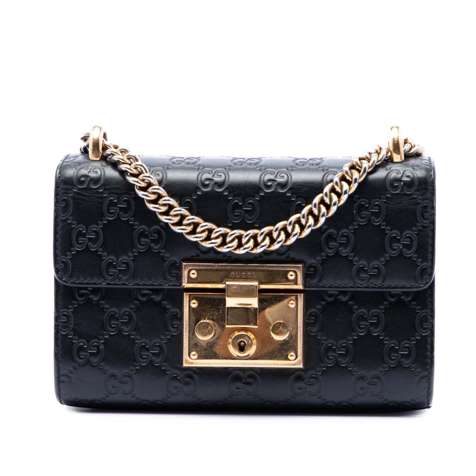 Gucci Guccissima black leather padlock crossbody bag: Gucci Guccissima black leather padlock crossbody bag This Gucci Small Guccissima Padlock Crossbody bag is crafted from embossed leather in black and features a chain link shoulder strap, a front flap 