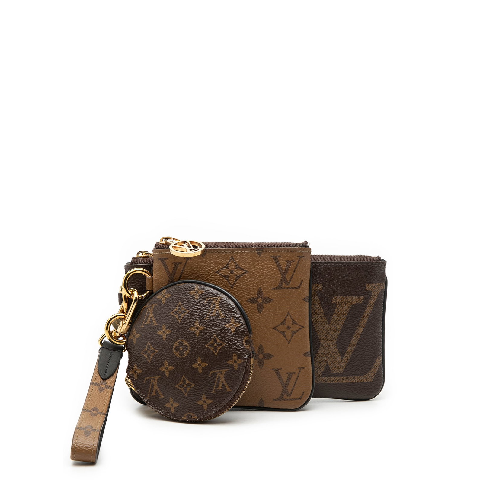 Louis Vuitton Reverse Giant Trio Pouch Monogram Canvas Set: Louis Vuitton Reverse Giant Trio Pouch Monogram Canvas Set This Louis Vuitton Monogram Reverse Giant Trio Pouch Set features a monogram canvas body in brown, including a flat wristlet and secure zip c