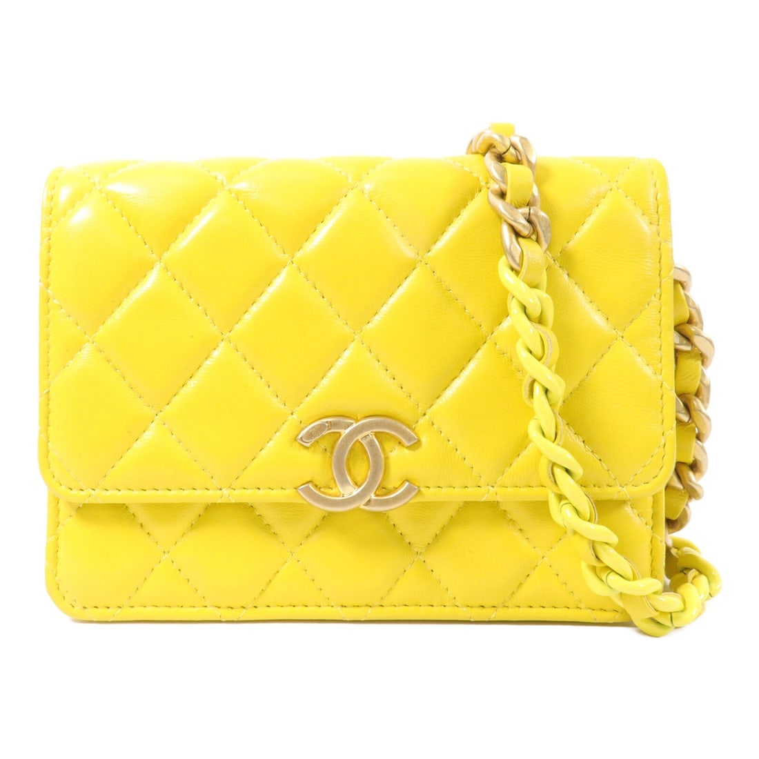 CHANEL WOC Wallet on Chain Shoulder Bag Yellow Lambskin GHW: CHANEL WOC Wallet on Chain Shoulder Bag Yellow Lambskin GHW CHANEL Wallet On Chain shoulder bag in yellow lambskin leather with CC hardware in gold hardware finish. It features a magnetic pocket, one 
