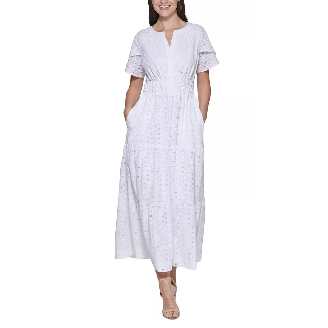 Kensie Eyelet-Embroidered Maxi Dress with Pockets Womens 8 White: Kensie Eyelet-Embroidered Maxi Dress with Pockets Womens 8 White Elevate your wardrobe with this stunning Kensie Eyelet-Embroidered Tiered Maxi Dress. This elegant piece features a solid white color, 