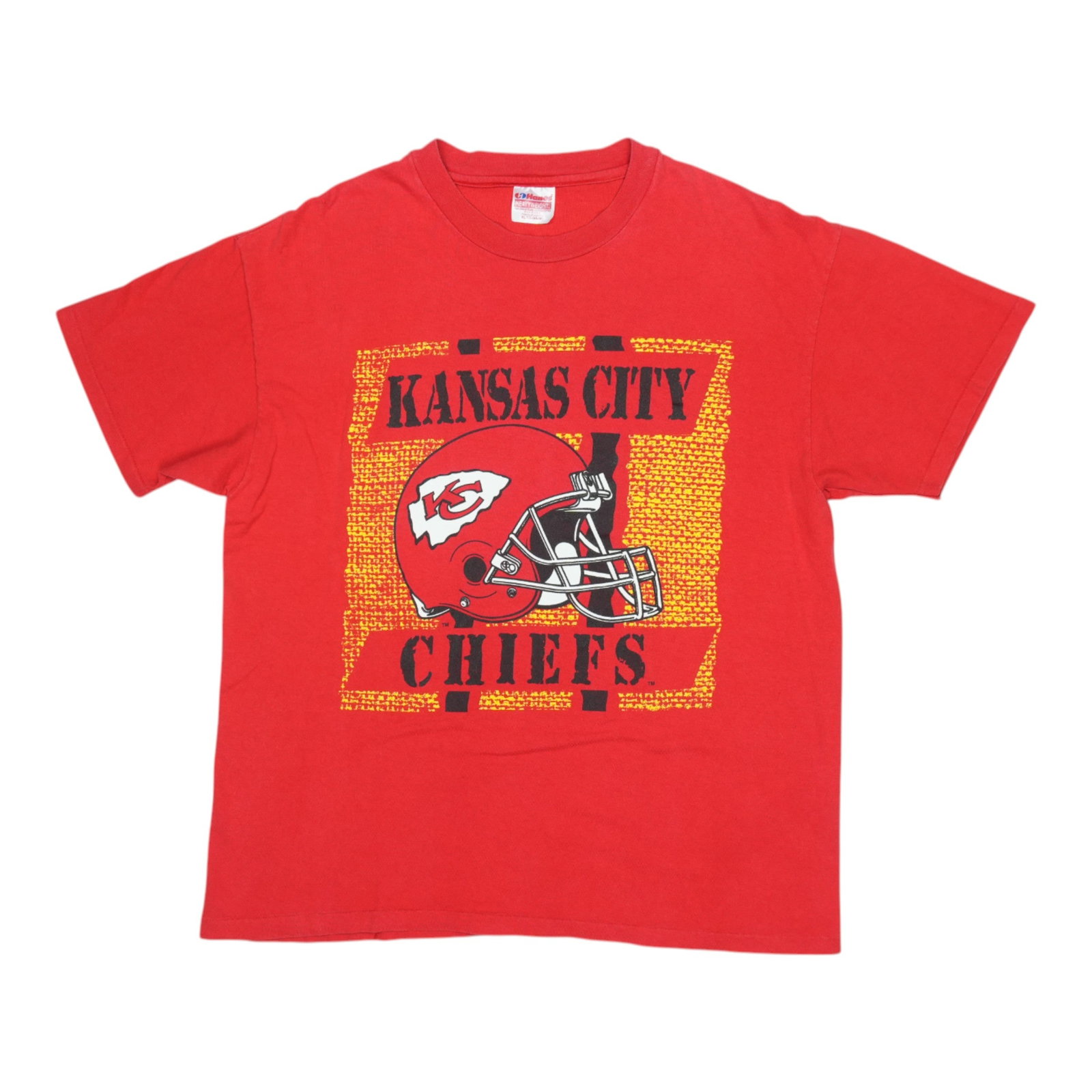 Vintage 1990s Kansas City Chiefs Red Cotton T-Shirt Extra Large: Vintage 1990s Kansas City Chiefs Red Cotton T-Shirt Extra Large This is an original vintage 1990s Kansas City Chiefs shirt, not a modern reproduction. The shirt features no back graphics and is crafte