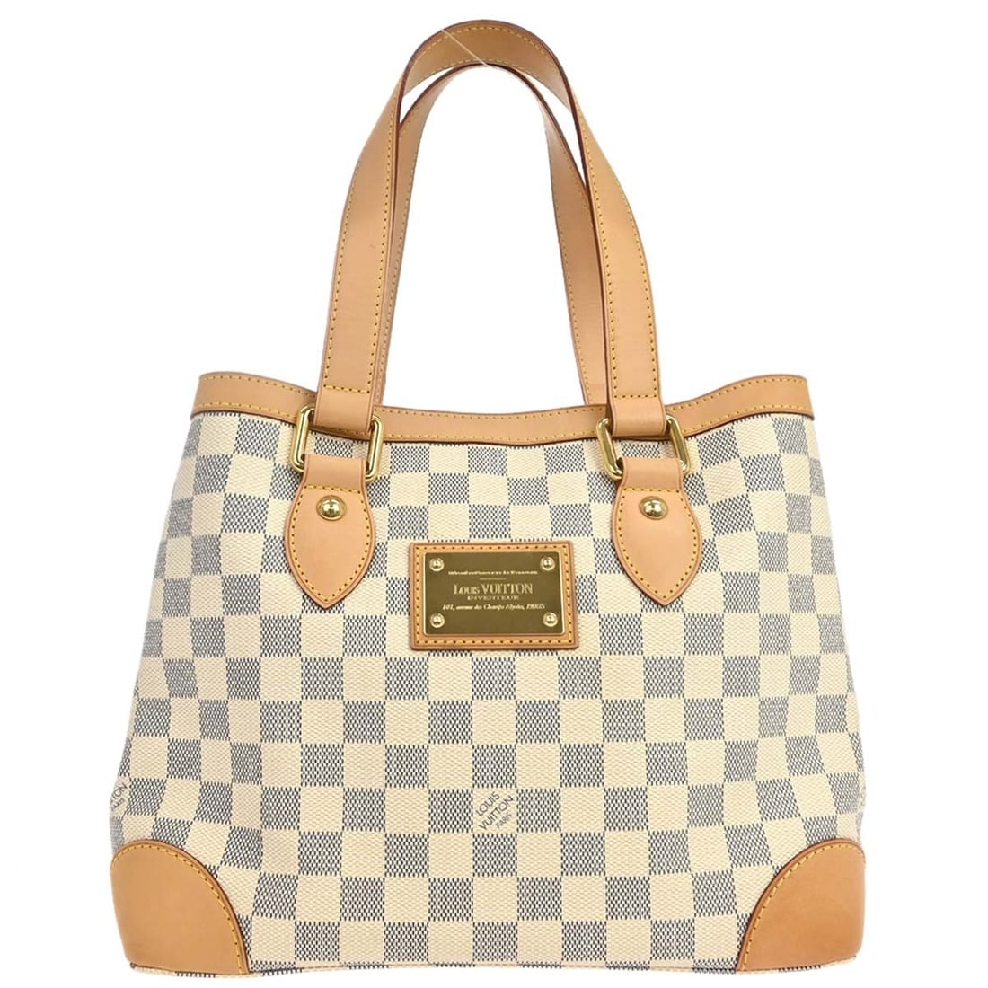 Louis Vuitton Hampstead PM Damier Azur Canvas Tote N51207: Louis Vuitton Hampstead PM Damier Azur Canvas Tote N51207 Louis Vuitton Damier Azur Hampstead PM tote handbag in medium size, made in France. It features a check pattern, double handles, a hook-and-lo