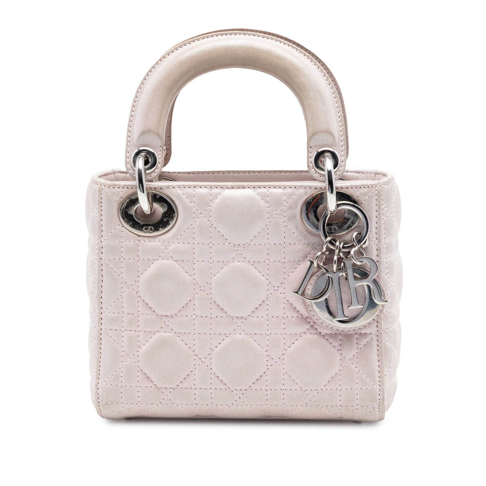 Dior Lady Dior Mini Cannage Iridescent Pink Lambskin Bag: Dior Lady Dior Mini Cannage Iridescent Pink Lambskin Bag This Mini Lady Dior bag features a quilted lambskin leather body in pink with flat leather top handles, a fold-in flap closure, and an interior