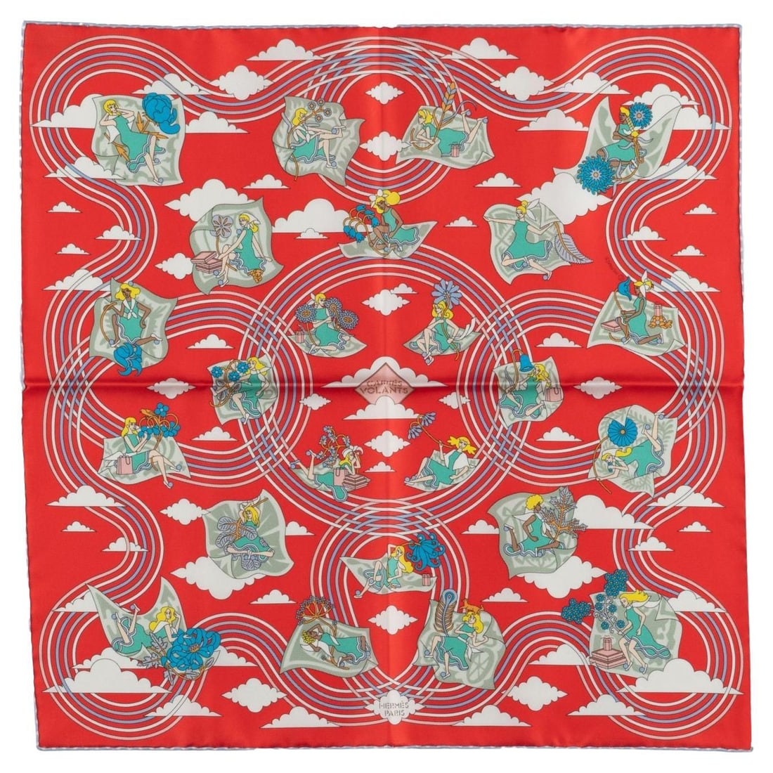 Hermes Carres Volants 70 silk scarf with box: Hermes Carres Volants 70 silk scarf with box Hermes "Carres Volants" Silk Scarf 70 crafted in 100% silk with hand-rolled edges. Designed by Pierre Marie and accompanied by its original box. Condition 