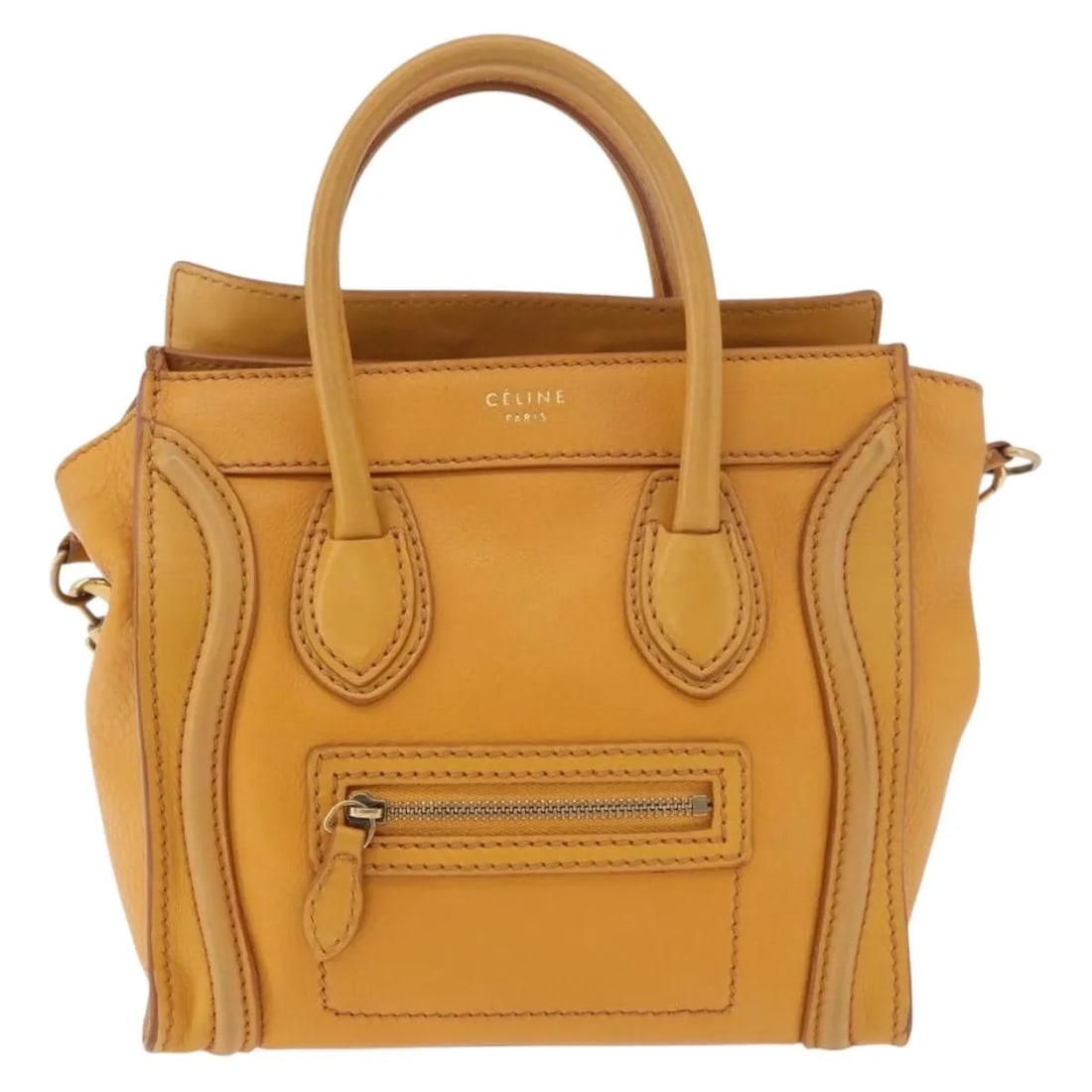 Celine Luggage Yellow Leather Handbag 19cm x 19cm x 9cm: Celine Luggage Yellow Leather Handbag 19cm x 19cm x 9cm Celine Luggage Smooth Leather handbag in yellow leather, made in Italy. The item is in fair condition with noted exterior deformation, light wea