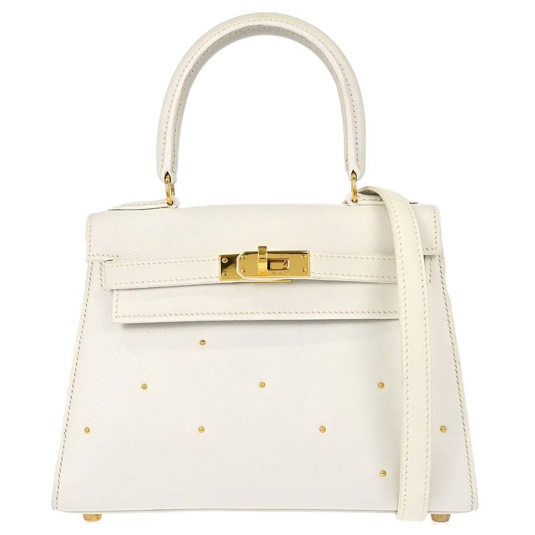 Hermes Mini Kelly 20 Sellier White Veau Graine 2way Bag: Hermes Mini Kelly 20 Sellier White Veau Graine 2way Bag Hermes Mini Kelly 20 2-way Sellier handbag in white Veau Graine leather with a coated finish. This structured top-handle design features a turn-