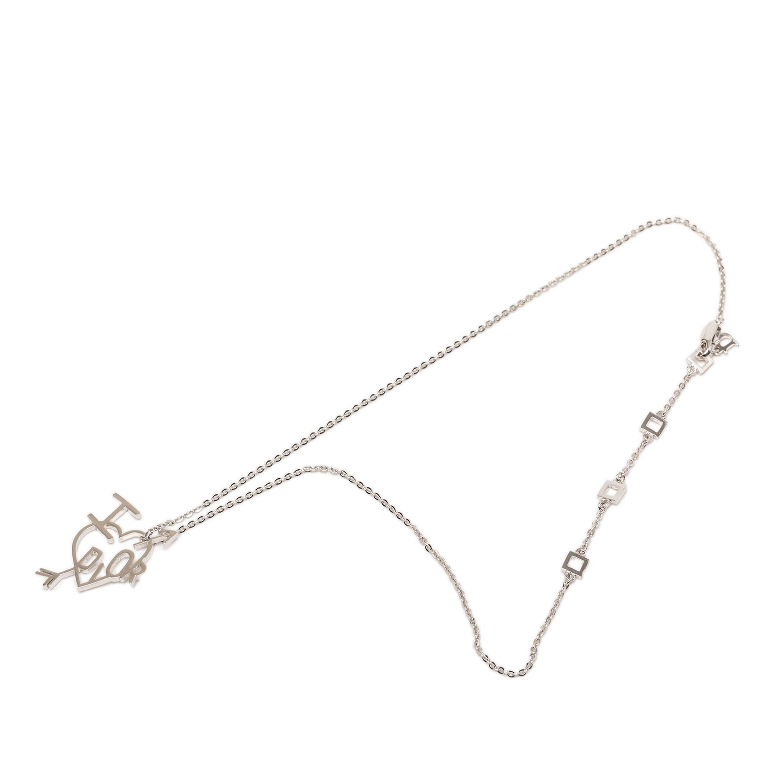 Dior I Love Dior Heart Arrow Brass Pendant Necklace: Dior I Love Dior Heart Arrow Brass Pendant Necklace Dior "I Love Dior" heart arrow pendant necklace crafted with a brass metal body and pendant. This costume jewelry piece features a lobster clasp clo