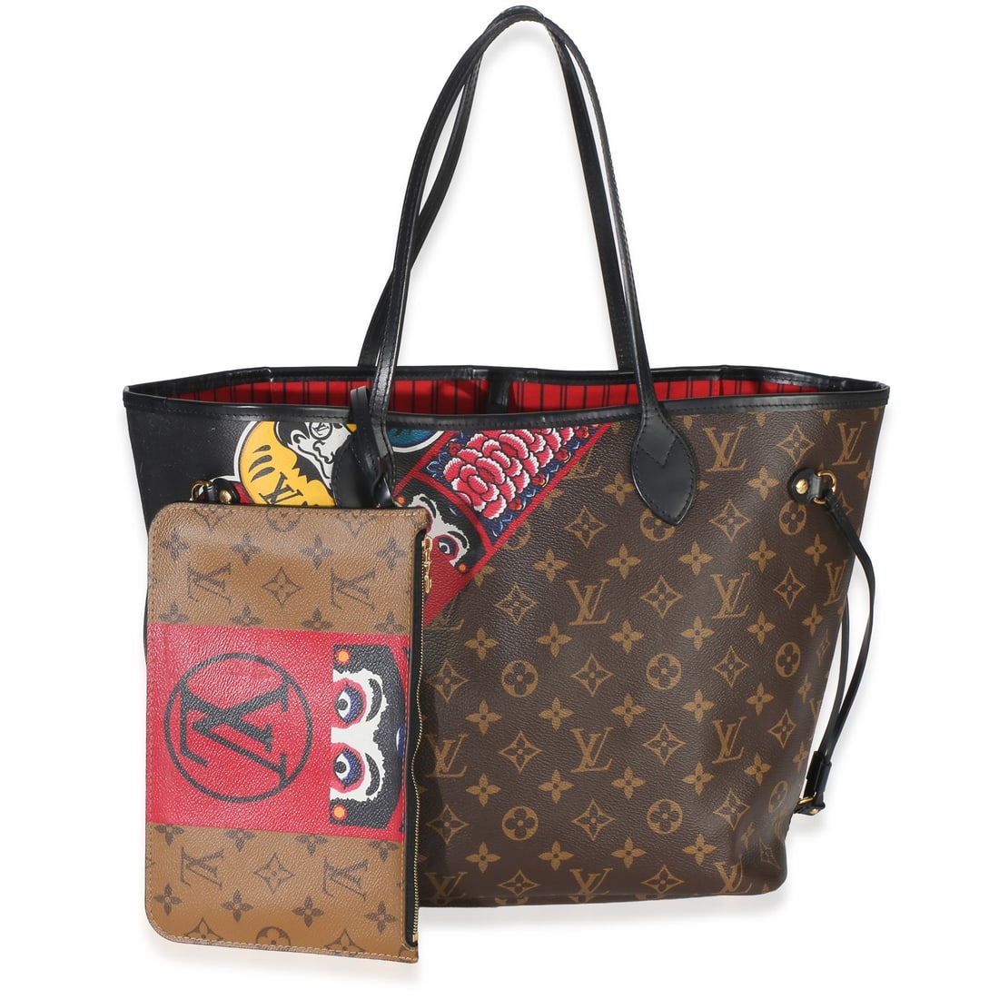 Louis Vuitton Neverfull MM Kabuki canvas tote with pochette: Louis Vuitton Neverfull MM Kabuki canvas tote with pochette This Louis Vuitton Neverfull MM tote features the distinctive Kabuki multicolor monogram canvas with a striking red lining. Designed for ver