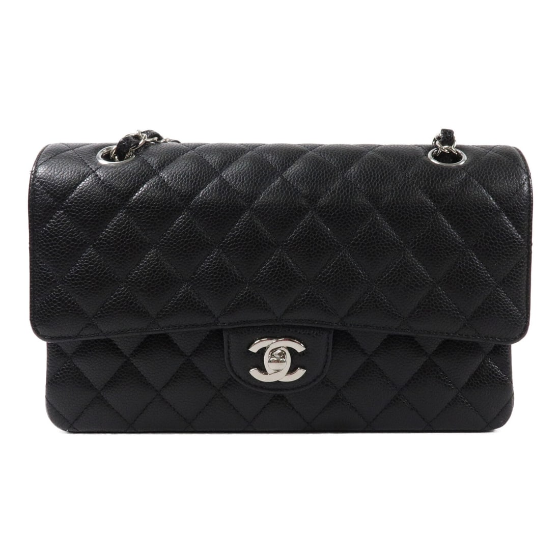CHANEL A01112 Classic 25 Shoulder Bag Black Calfskin CC SHW: CHANEL A01112 Classic 25 Shoulder Bag Black Calfskin CC SHW A CHANEL Classic 25 chain shoulder bag in black calfskin leather with silver-tone hardware. It features a turn-lock closure and a structured