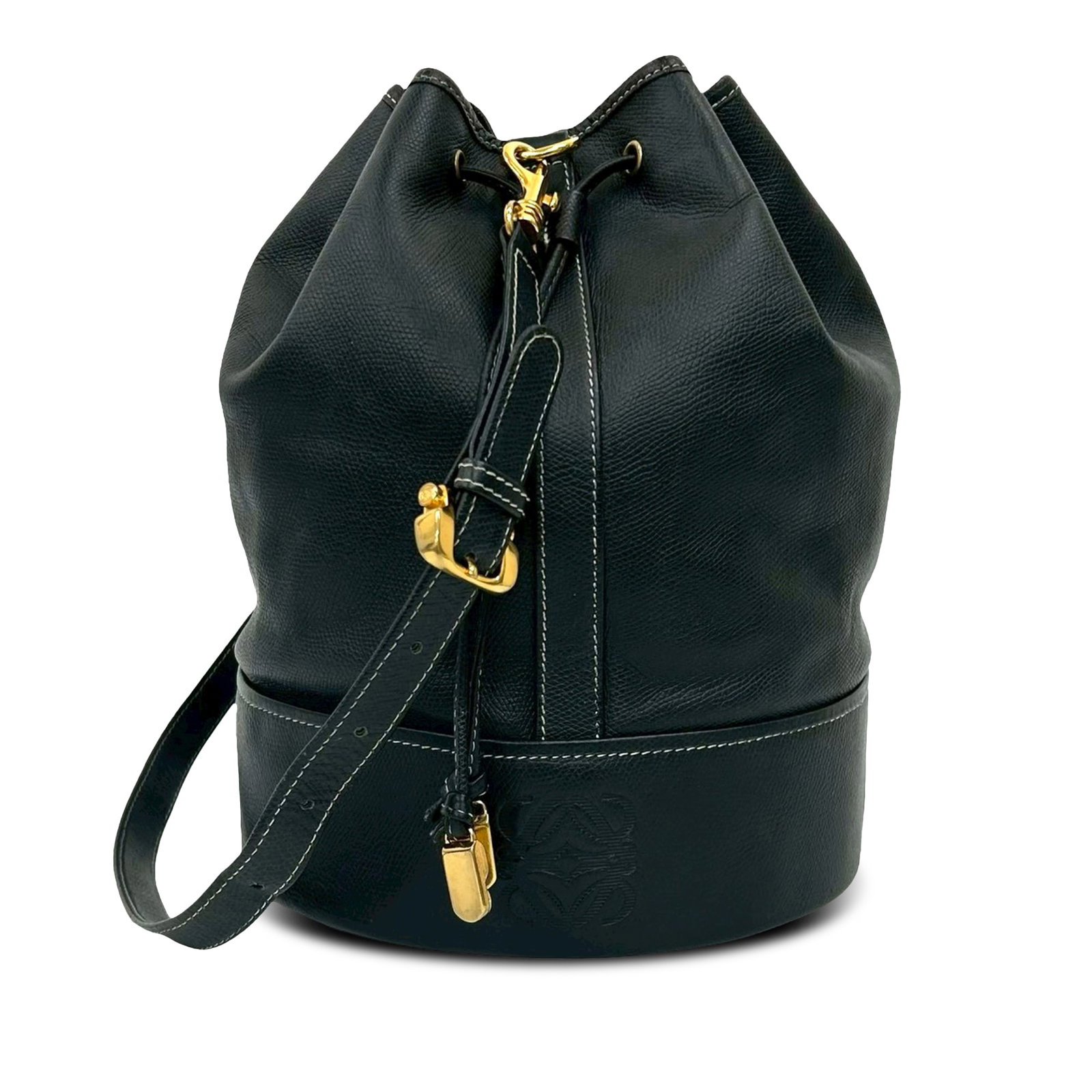 LOEWE Anagram Bucket Bag Blue Calfskin Leather: LOEWE Anagram Bucket Bag Blue Calfskin Leather LOEWE Leather Anagram Bucket Bag crafted in blue calfskin leather. This bucket-style bag features a detachable and adjustable flat leather strap, an open