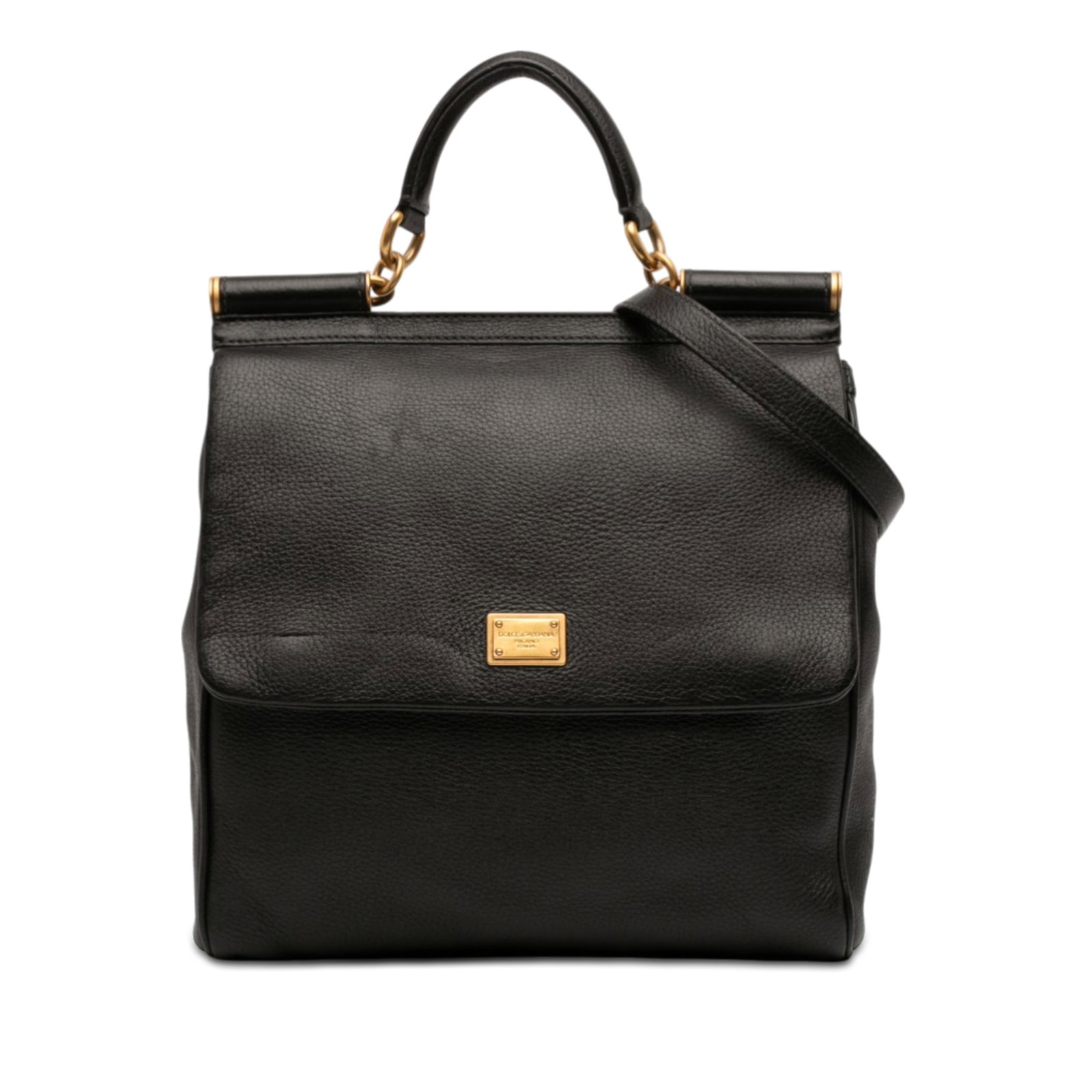 Dolce Gabbana Sicily leather satchel with shoulder strap: Dolce Gabbana Sicily leather satchel with shoulder strap This Dolce & Gabbana Sicily satchel is crafted from black calfskin leather and features a rolled leather top handle, a detachable flat leather 