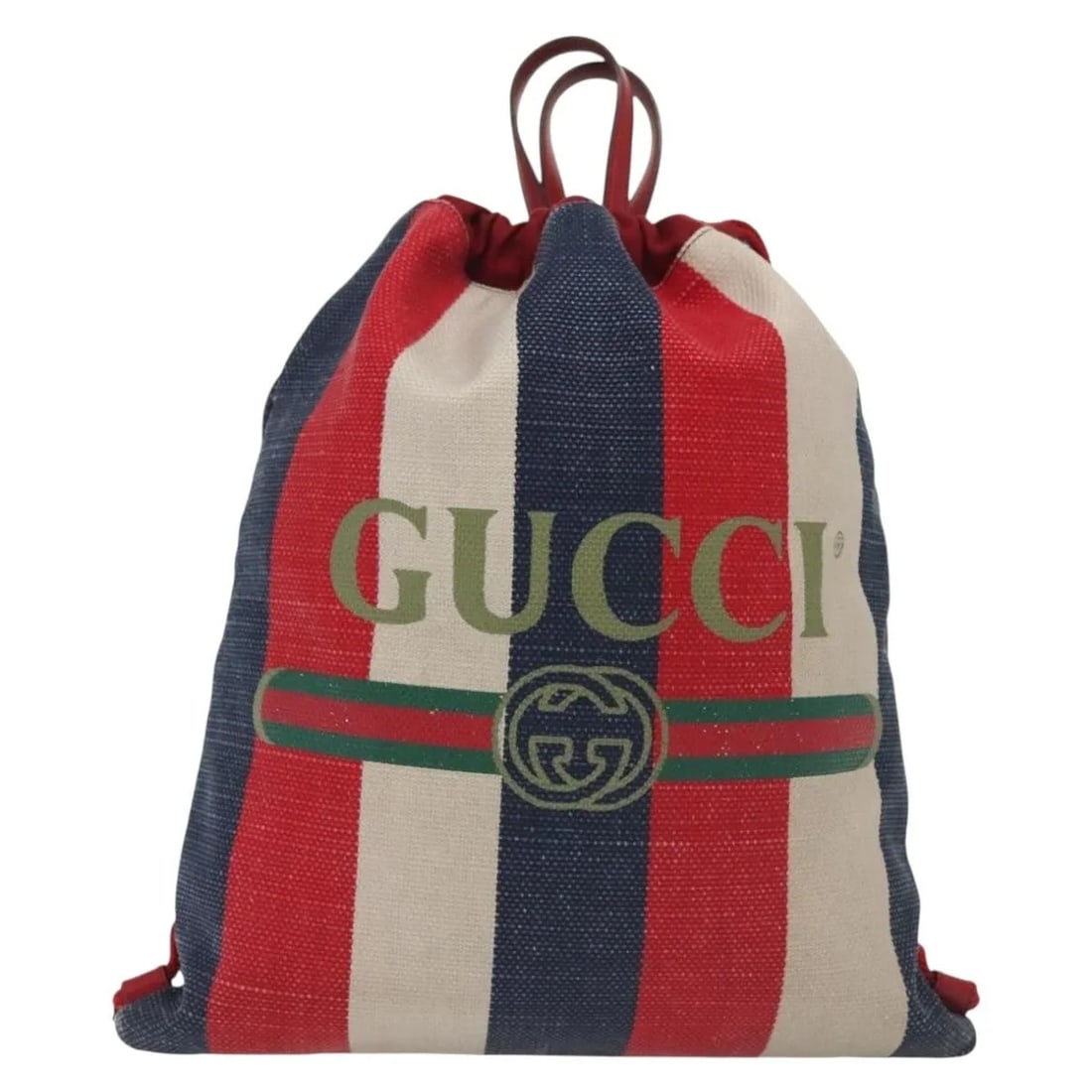 Gucci Logo Drawstring Backpack in Multicolor Striped Canvas: Gucci Logo Drawstring Backpack in Multicolor Striped Canvas This Gucci Logo Drawstring Backpack features a multicolor striped canvas construction with a unisex design. It includes metal fittings and a