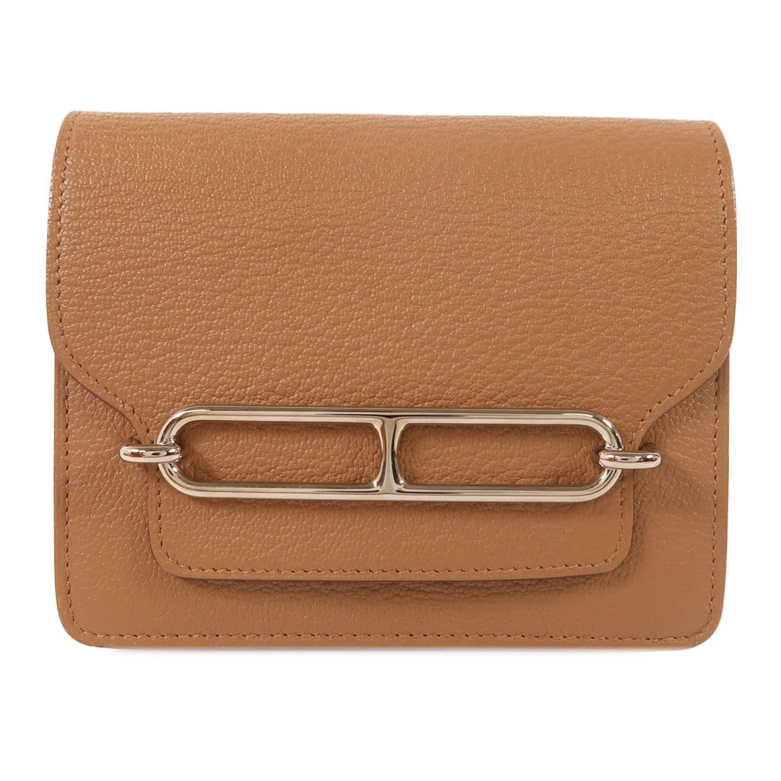 Hermes Roulis Slim Wallet Brown Chevre Goatskin Palladium Hardware: Hermes Roulis Slim Wallet Brown Chevre Goatskin Palladium Hardware Hermes Roulis Slim Wallet in brown Quebracho color, crafted from Chevre Myzore goatskin and goatskin leather. This slim wallet featur